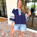 Cool Girl Oversized Polo Top - Navy-210 Casual Blouses-JODIFL-July & June Women's Fashion Boutique Located in San Antonio, Texas