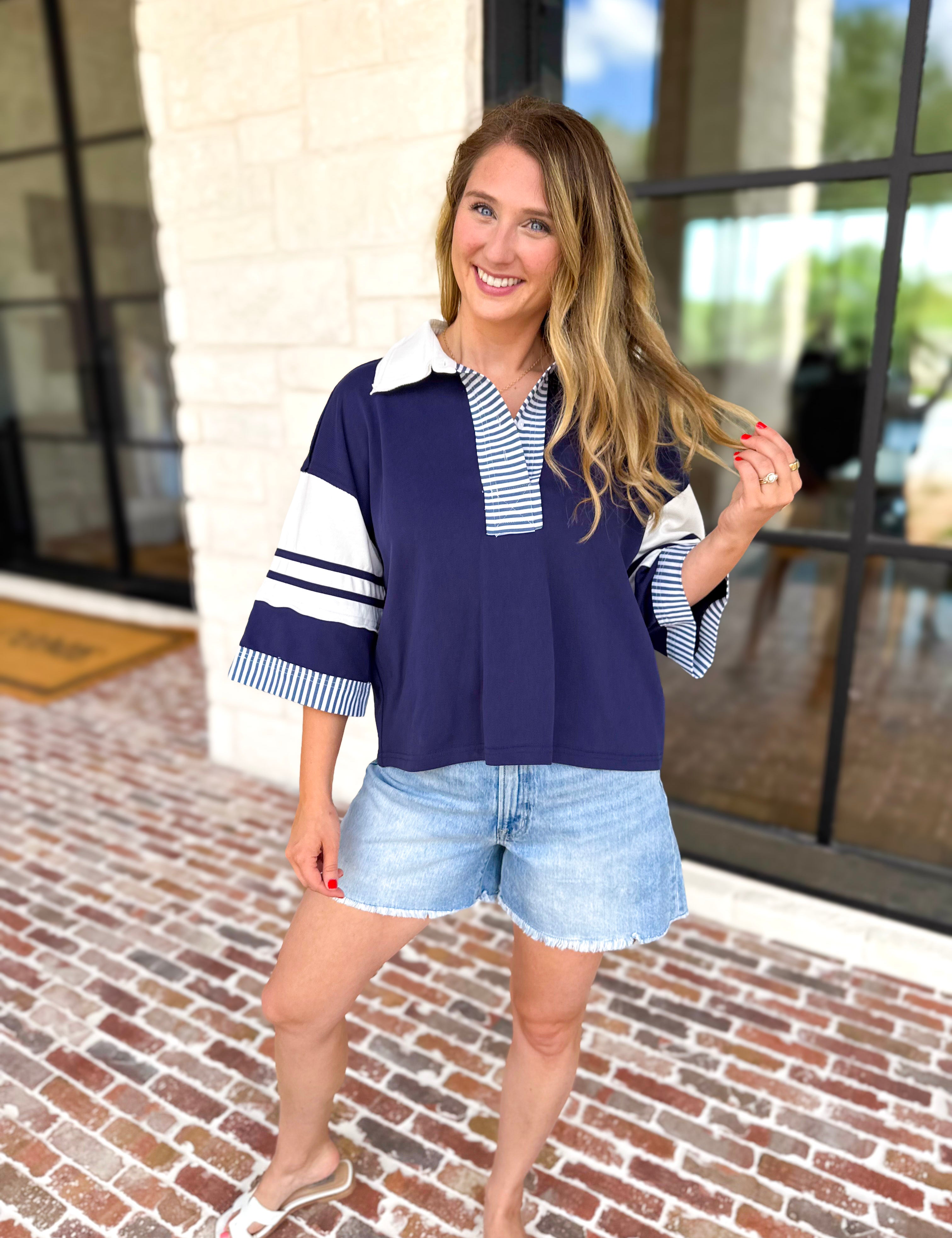 Cool Girl Oversized Polo Top - Navy-210 Casual Blouses-JODIFL-July & June Women's Fashion Boutique Located in San Antonio, Texas