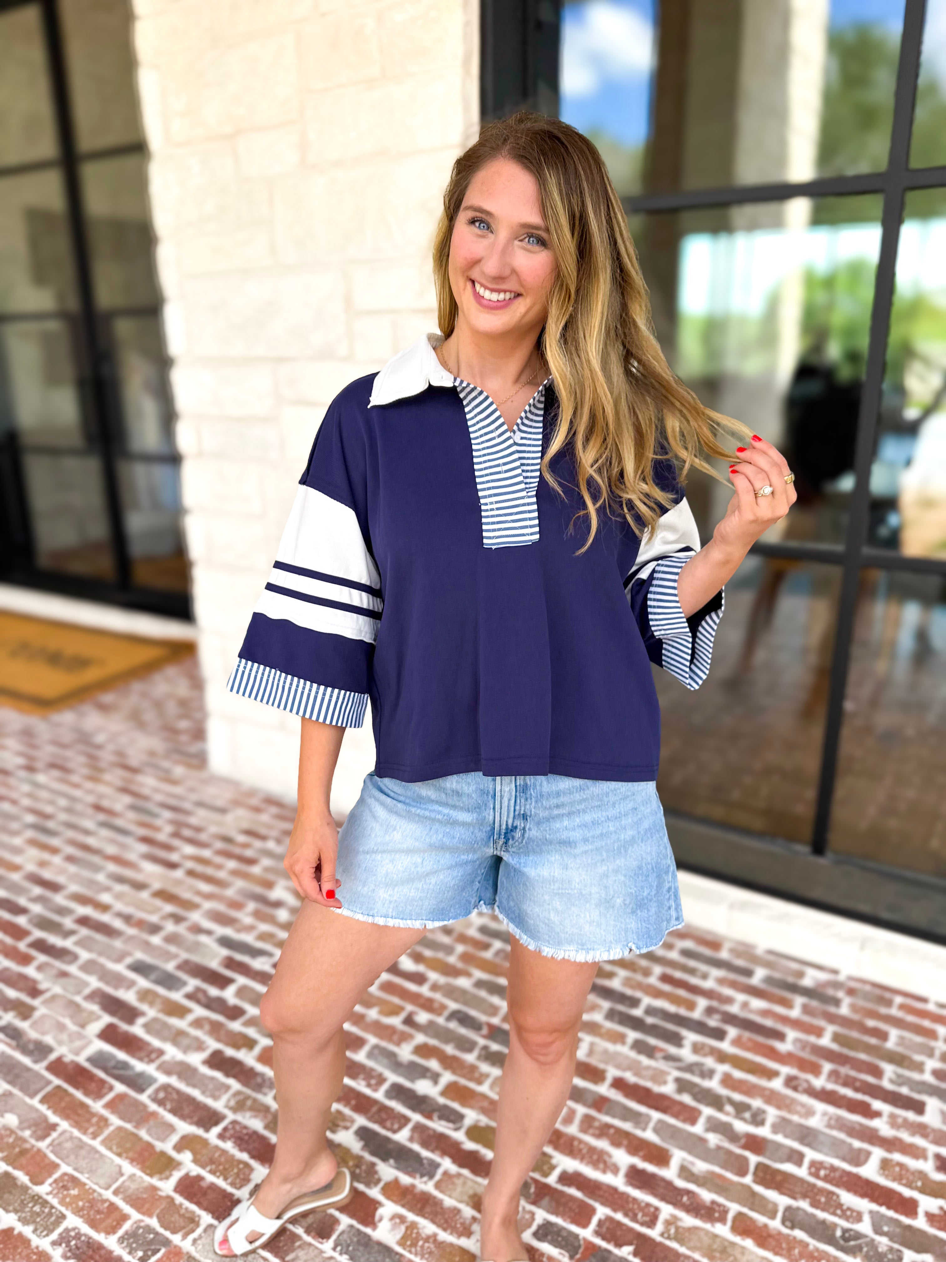 Cool Girl Oversized Polo Top - Navy-210 Casual Blouses-JODIFL-July & June Women's Fashion Boutique Located in San Antonio, Texas