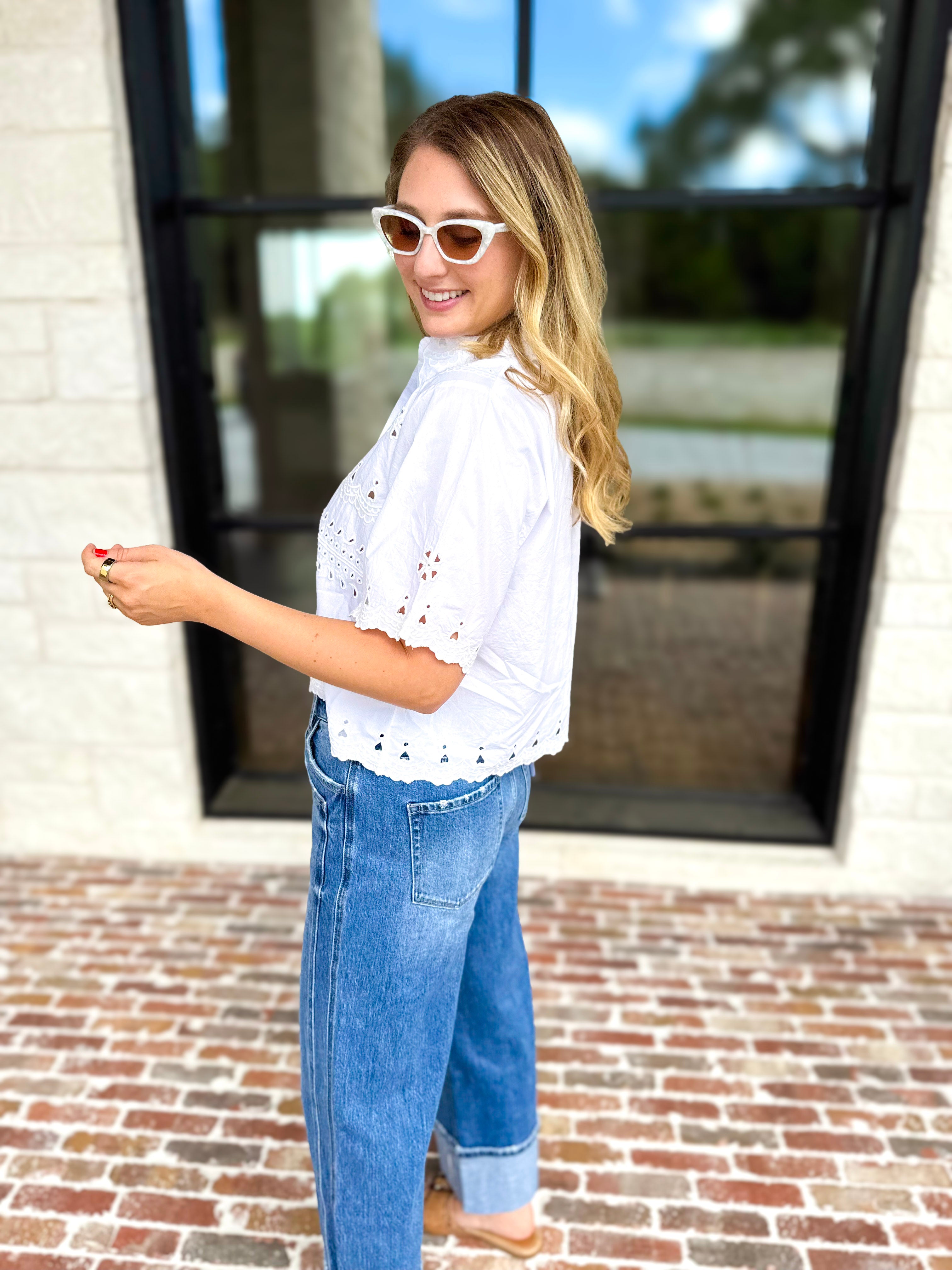 THML - Summertime Eyelet Blouse-200 Fashion Blouses-THML-July & June Women's Fashion Boutique Located in San Antonio, Texas