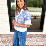 THML - Blue & Ivory Crochet Blouse-200 Fashion Blouses-THML-July & June Women's Fashion Boutique Located in San Antonio, Texas