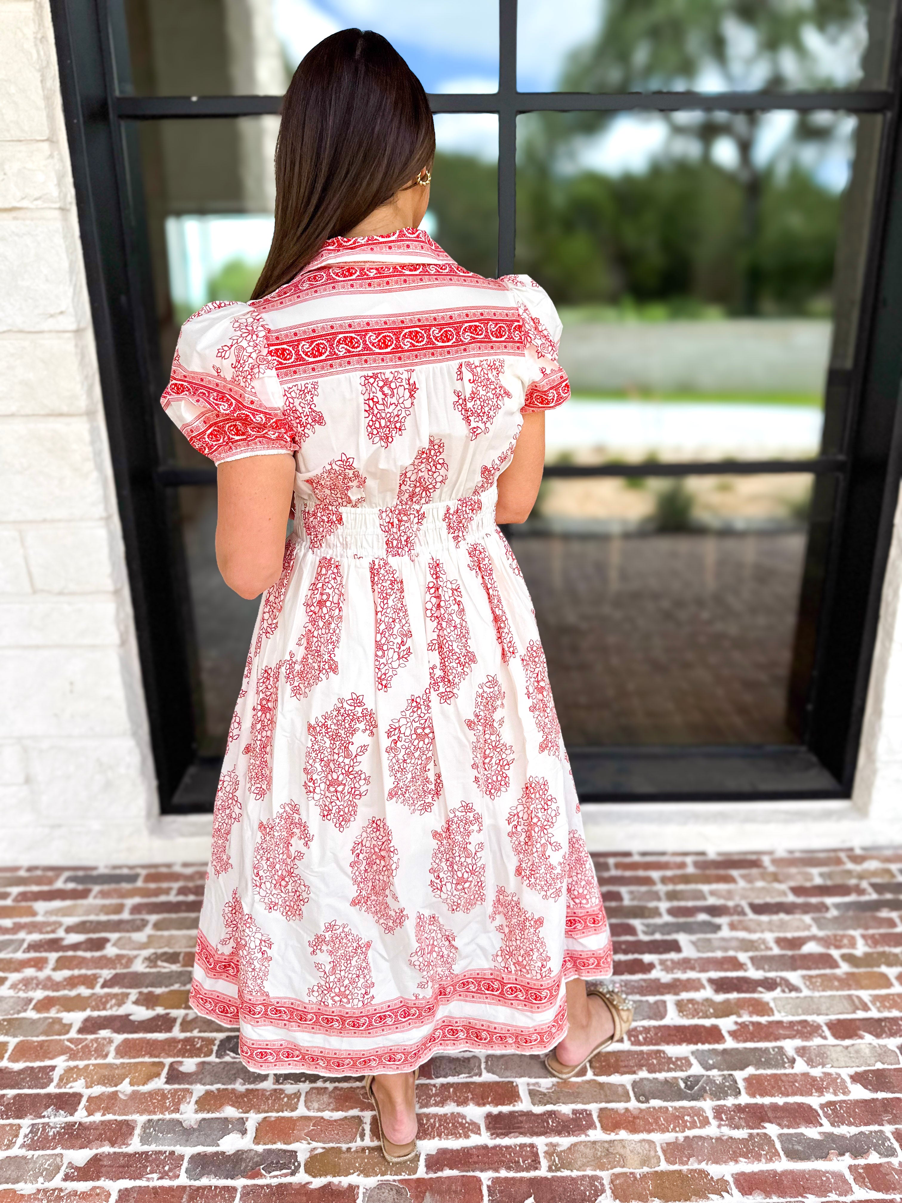 Red Paisley Midi Dress-500 Midi-ENTRO-July & June Women's Fashion Boutique Located in San Antonio, Texas