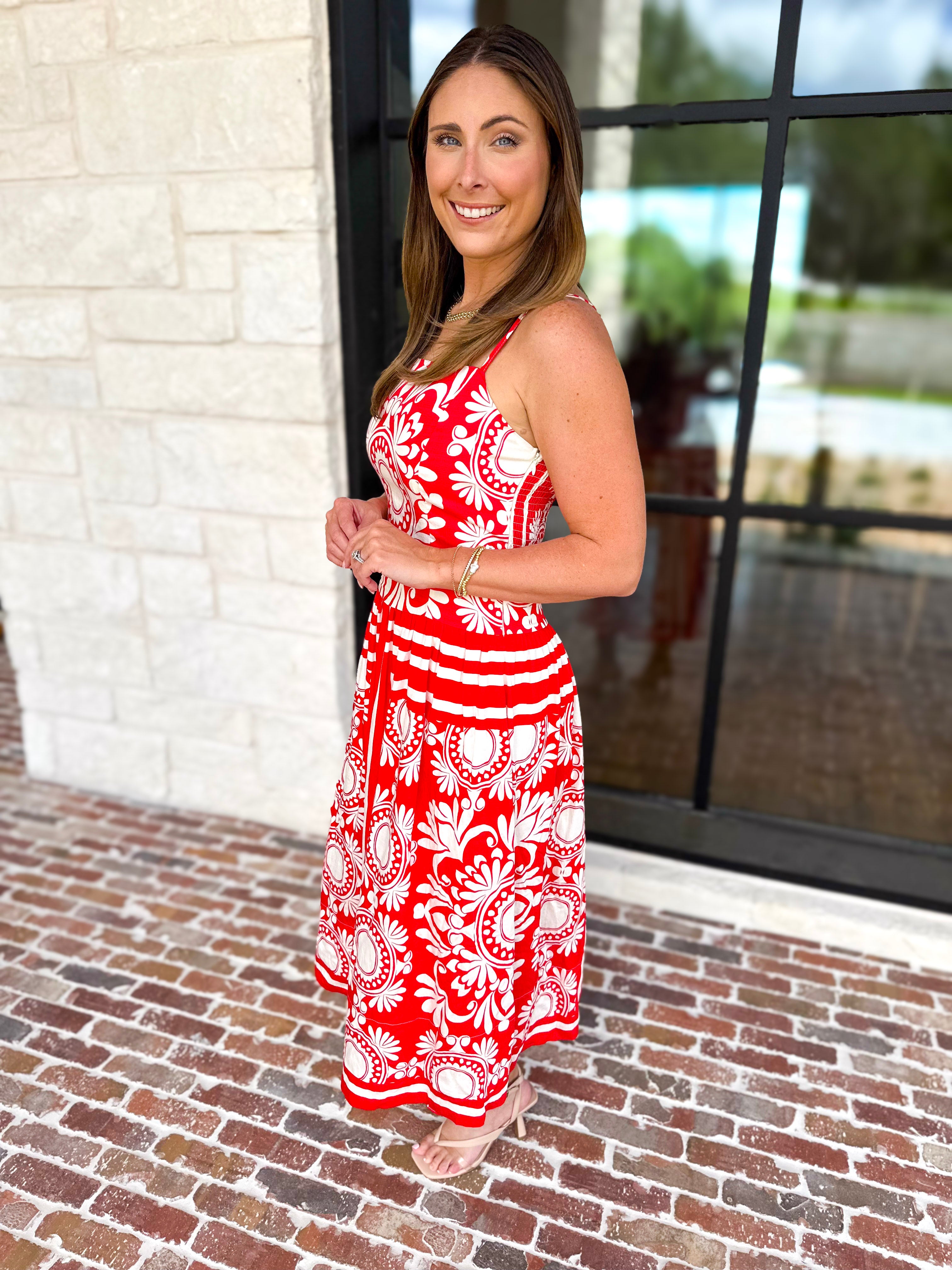 Red Sunburst Midi Dress-500 Midi-FATE-July & June Women's Fashion Boutique Located in San Antonio, Texas