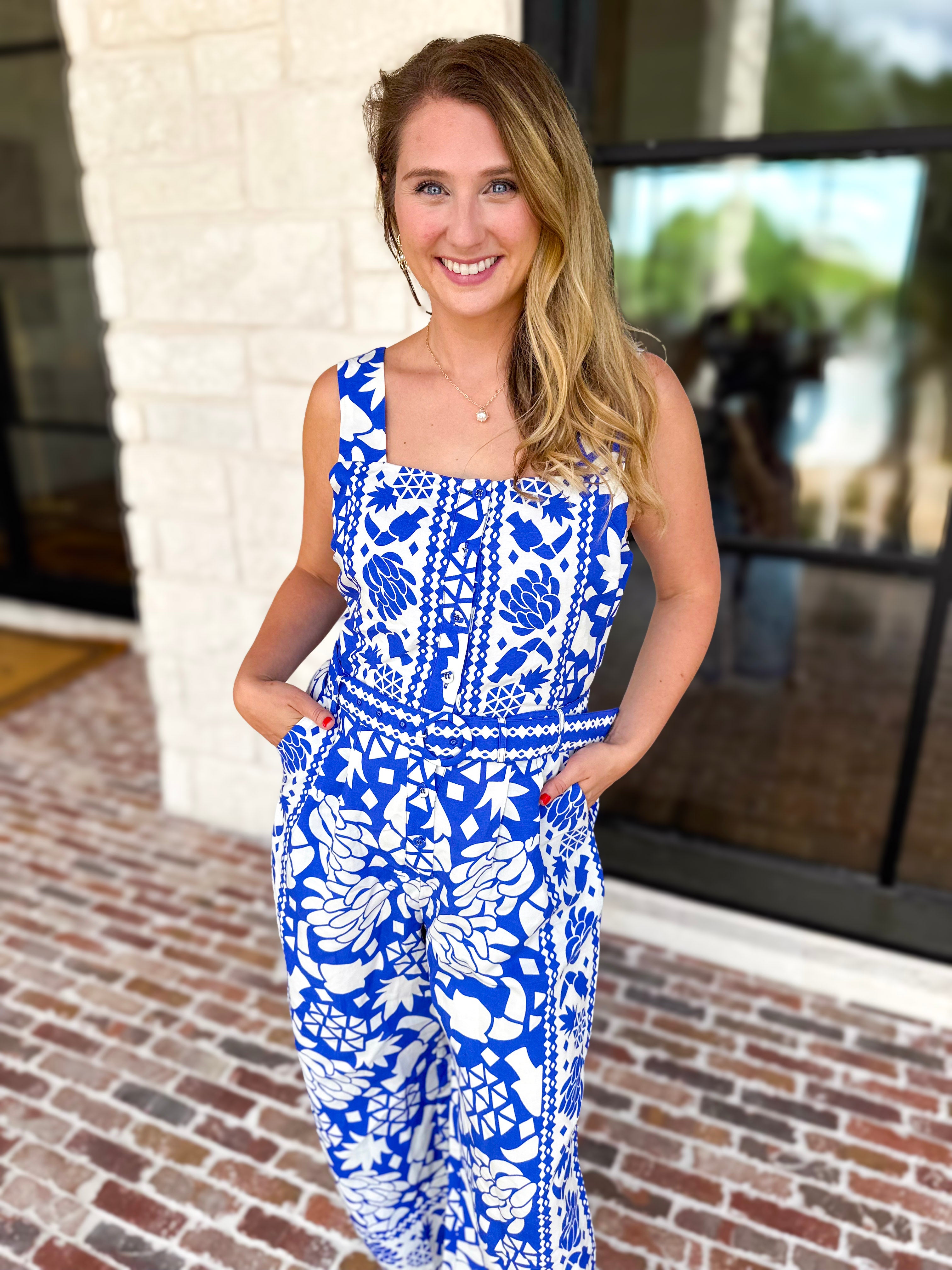 Cobalt Blue Tropical Jumpsuit-500 Midi-SKIES ARE BLUE-July & June Women's Fashion Boutique Located in San Antonio, Texas