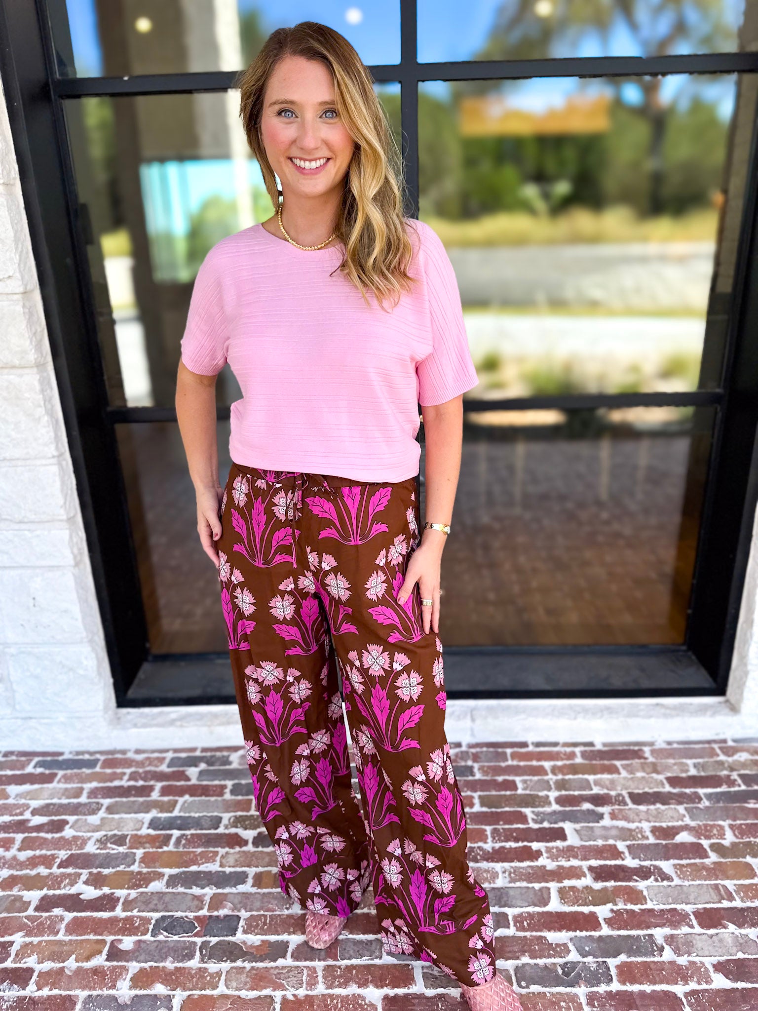 Pink & Chocolate Floral Drawstring Pants-400 Pants-TCEC-July & June Women's Fashion Boutique Located in San Antonio, Texas