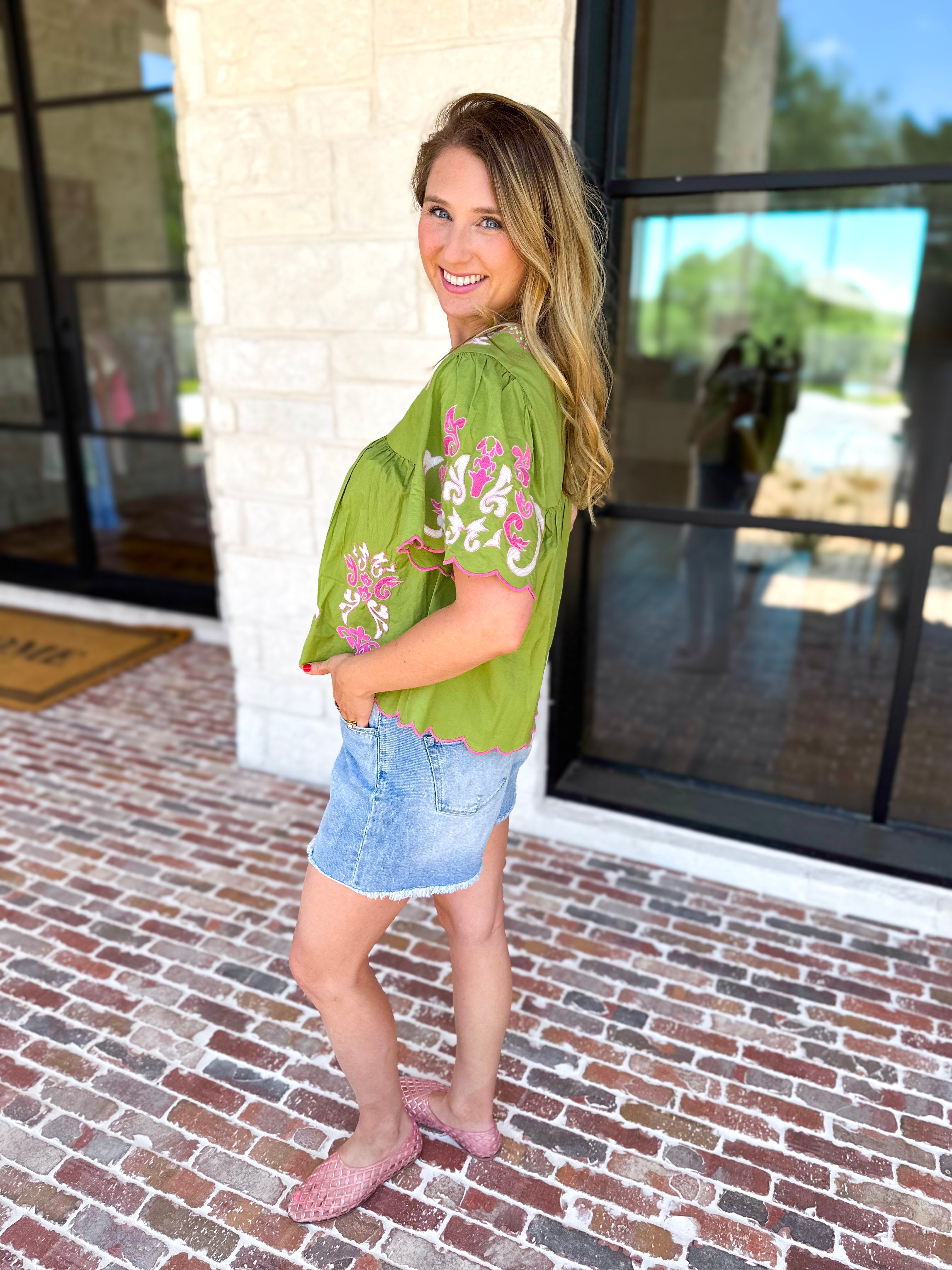 THML - Scalloped Sweetheart Blouse - Chartreuse-200 Fashion Blouses-THML-July & June Women's Fashion Boutique Located in San Antonio, Texas