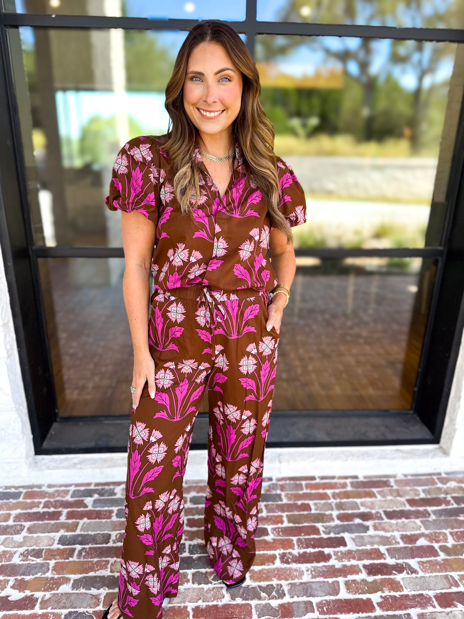 Pink & Chocolate Floral Blouse-200 Fashion Blouses-TCEC-July & June Women's Fashion Boutique Located in San Antonio, Texas