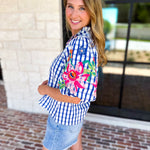 THML - Blue Gingham & Floral Embroidered Blouse-200 Fashion Blouses-THML-July & June Women's Fashion Boutique Located in San Antonio, Texas
