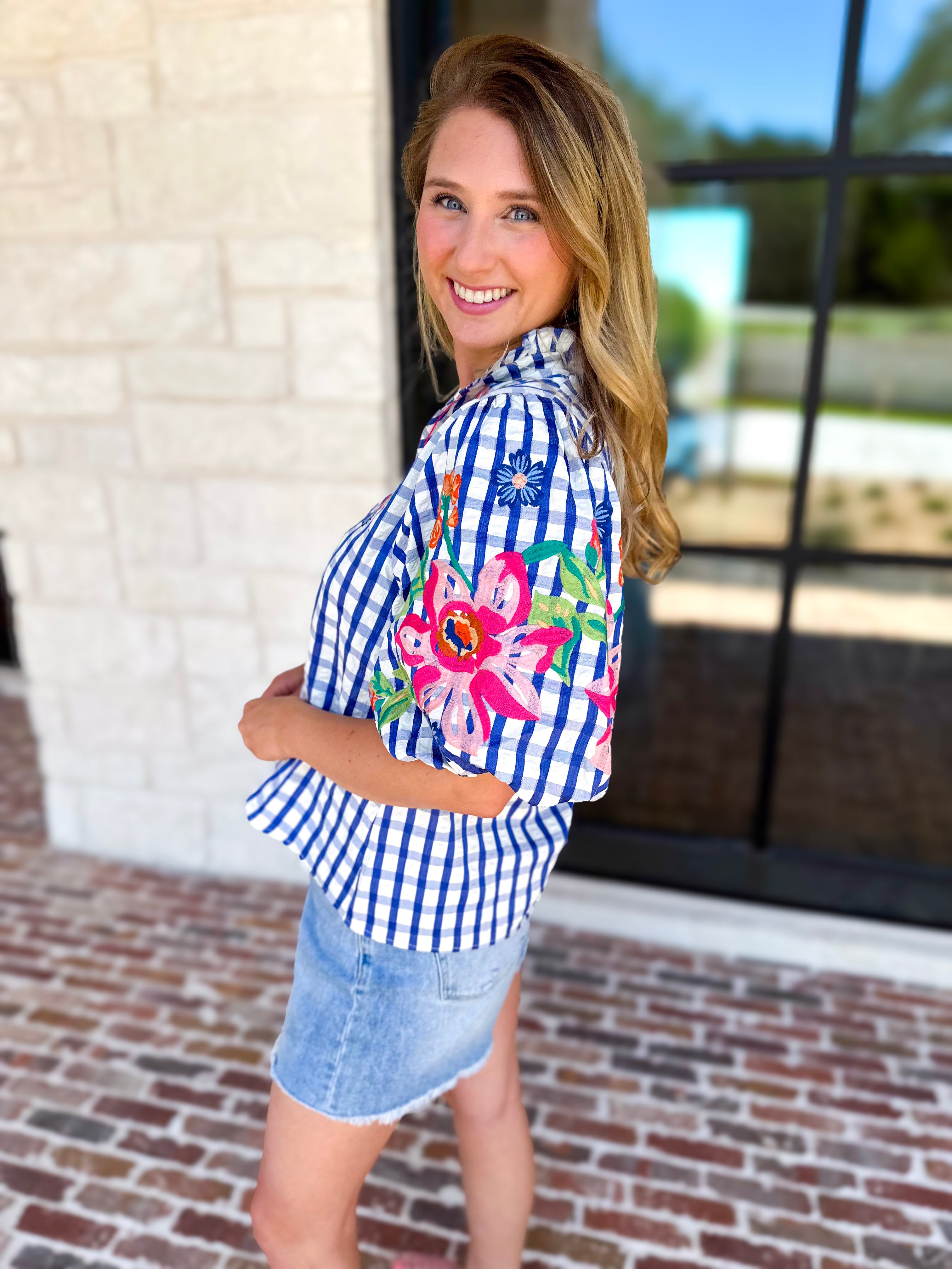 THML - Blue Gingham & Floral Embroidered Blouse-200 Fashion Blouses-THML-July & June Women's Fashion Boutique Located in San Antonio, Texas