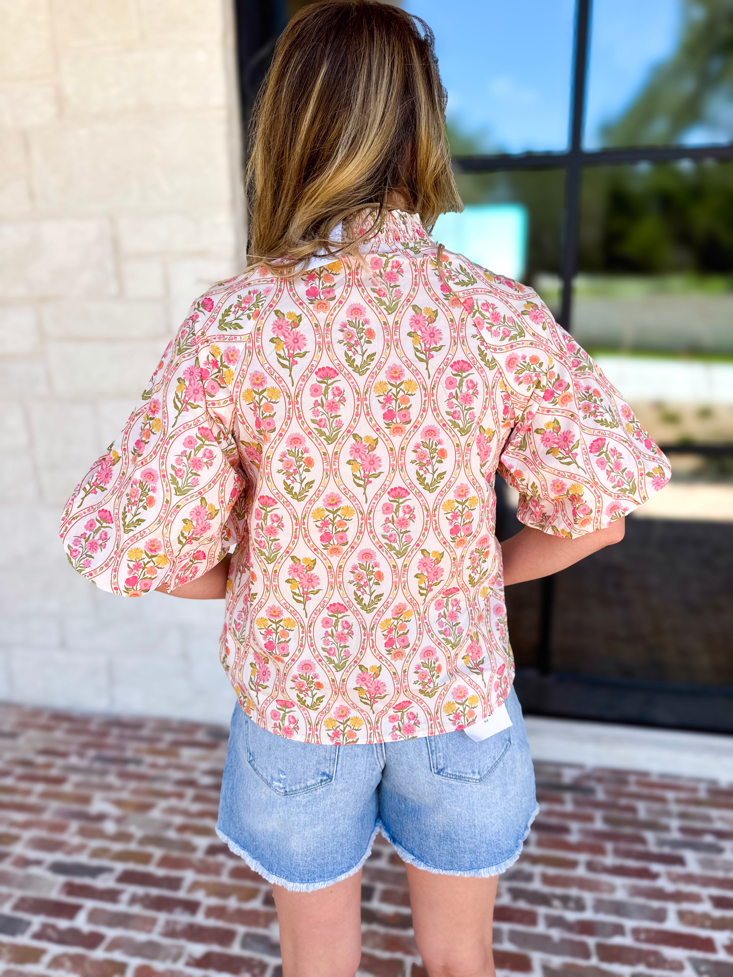 THML - Pink & Yellow Florals Blouse-200 Fashion Blouses-THML-July & June Women's Fashion Boutique Located in San Antonio, Texas