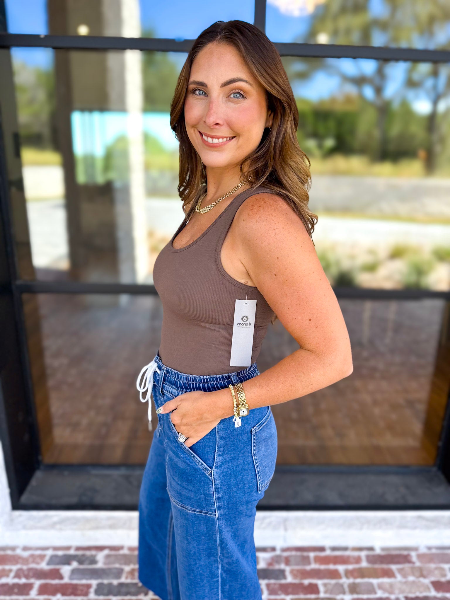 Everyday Built-in-Bra Tank - Truffle-220 Basic Tops-MONO B-July & June Women's Fashion Boutique Located in San Antonio, Texas