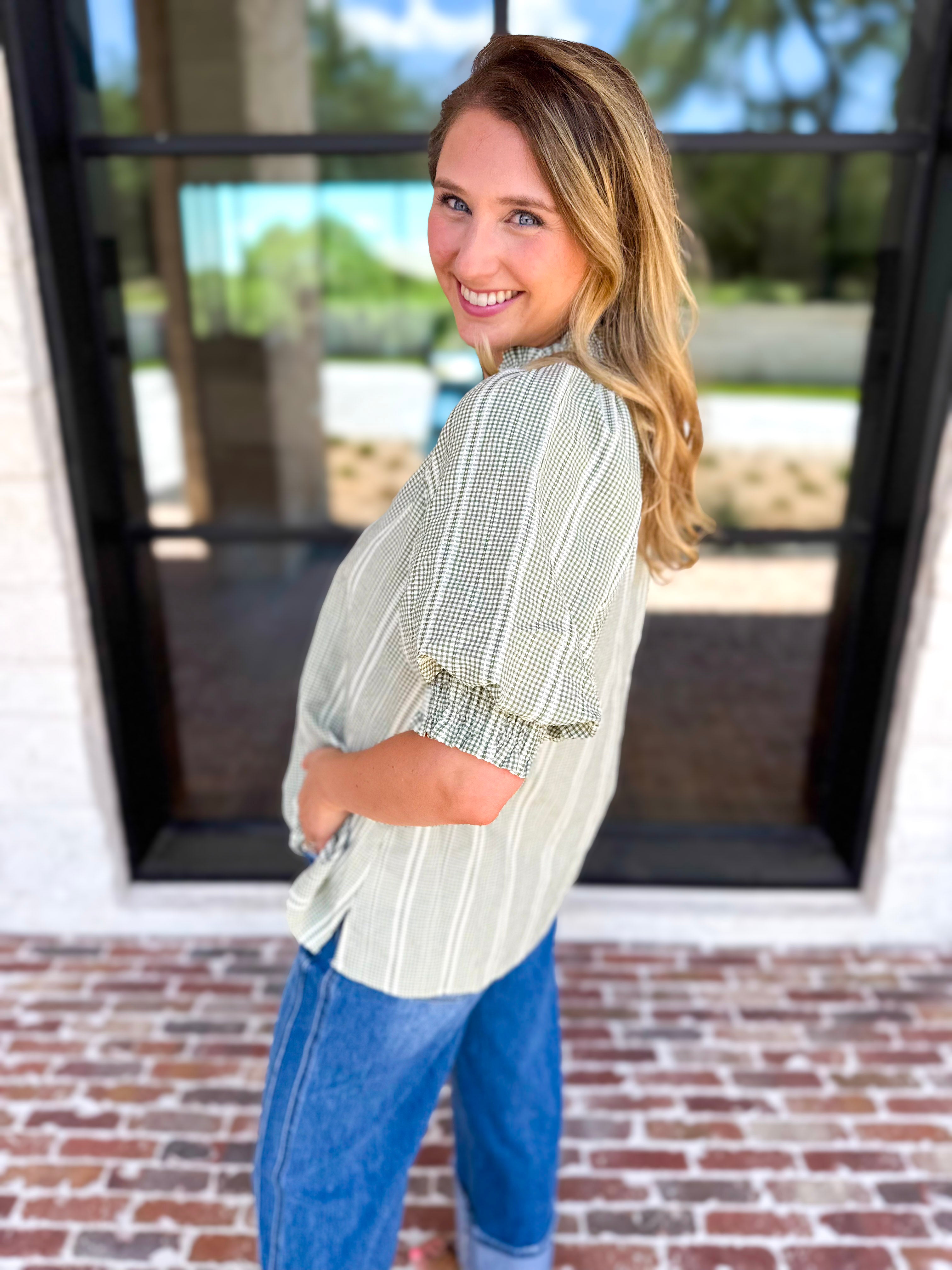 Sage Picnic Blouse-200 Fashion Blouses-JODIFL-July & June Women's Fashion Boutique Located in San Antonio, Texas