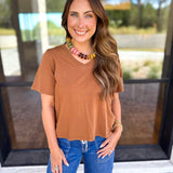 Everyday Essential V-Neck Tee - Honey-210 Casual Blouses-MONO B-July & June Women's Fashion Boutique Located in San Antonio, Texas