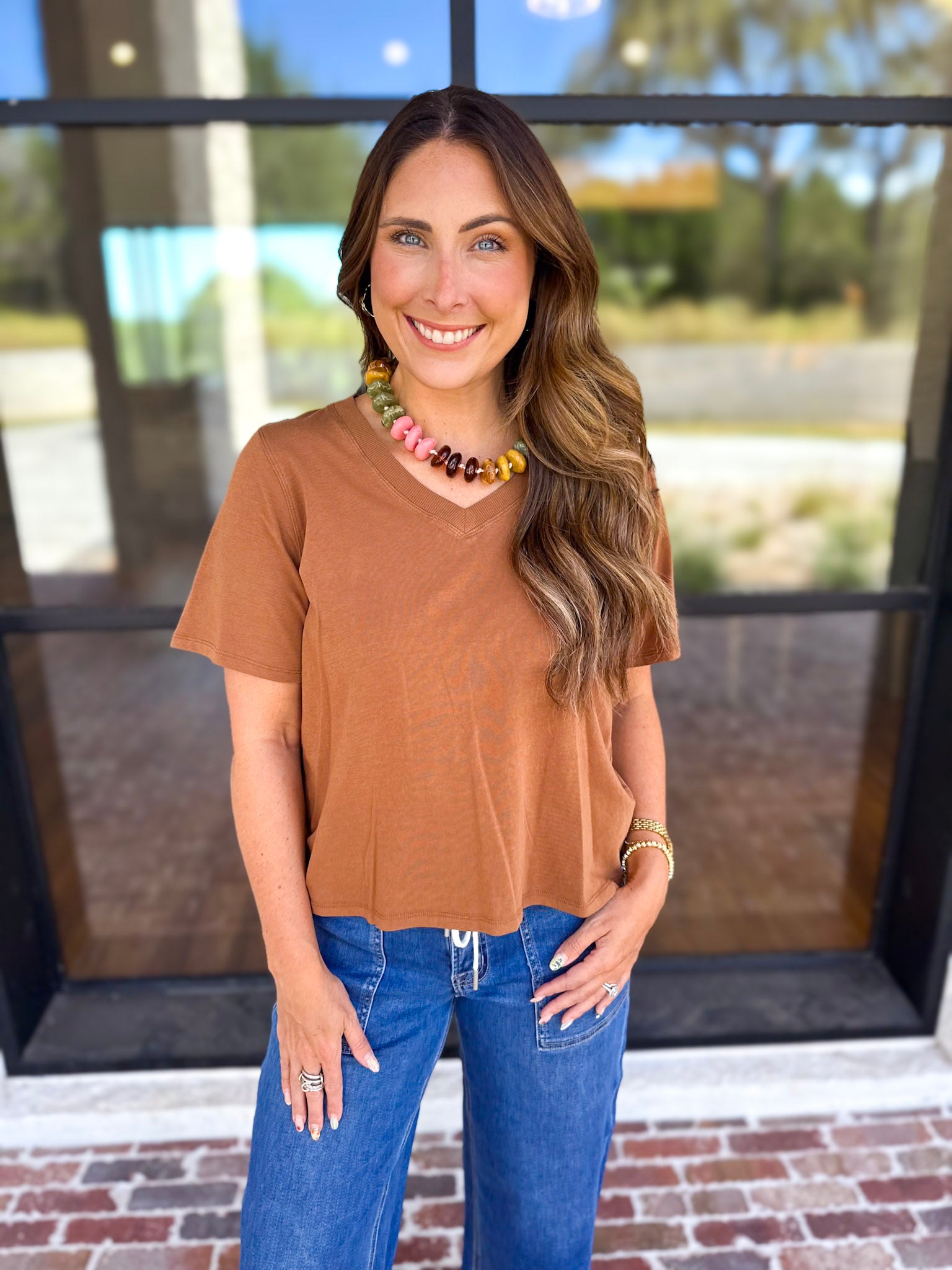 Everyday Essential V-Neck Tee - Honey-210 Casual Blouses-MONO B-July & June Women's Fashion Boutique Located in San Antonio, Texas