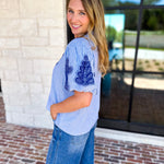 THML - Classic Blue Embroidered Blouse-200 Fashion Blouses-THML-July & June Women's Fashion Boutique Located in San Antonio, Texas
