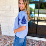 THML - Classic Blue Embroidered Blouse-200 Fashion Blouses-THML-July & June Women's Fashion Boutique Located in San Antonio, Texas