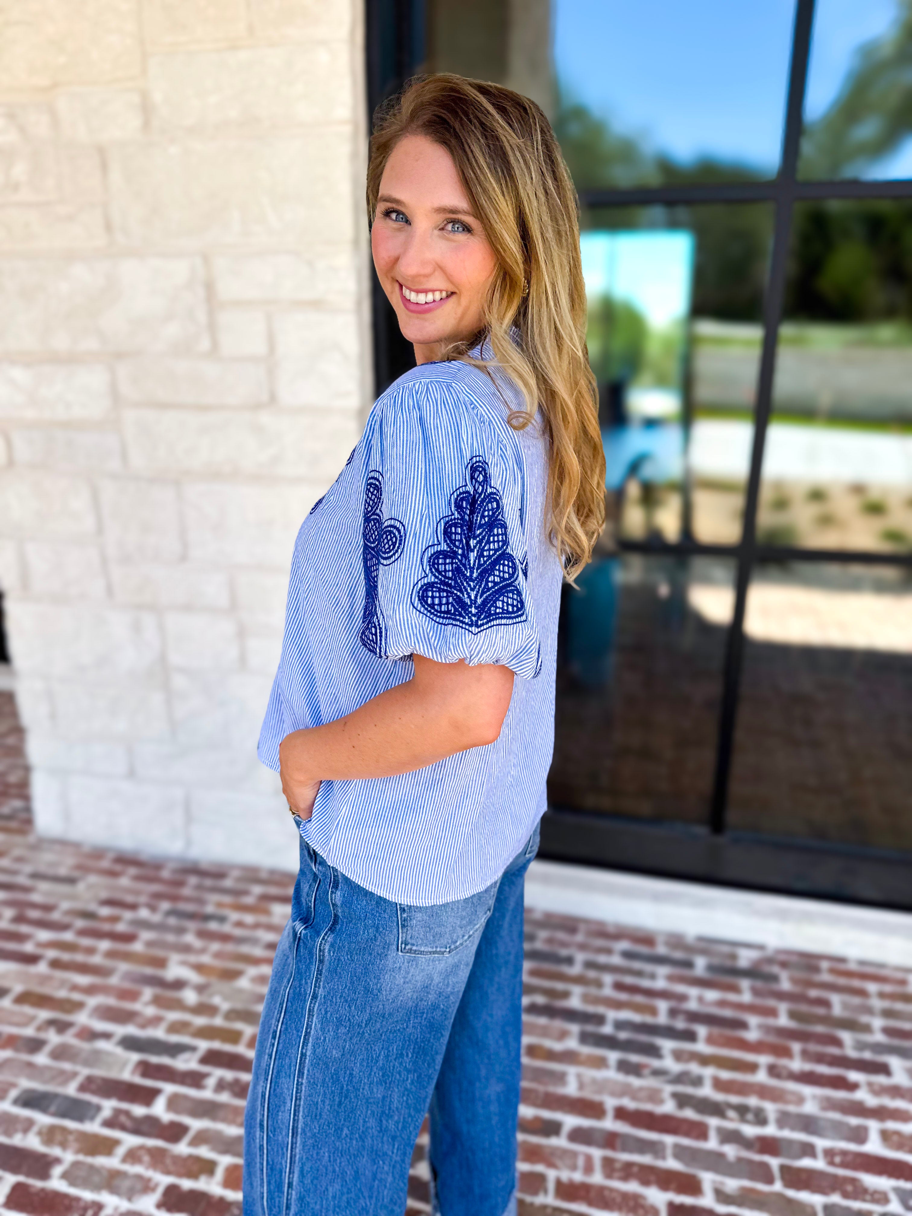 THML - Classic Blue Embroidered Blouse-200 Fashion Blouses-THML-July & June Women's Fashion Boutique Located in San Antonio, Texas