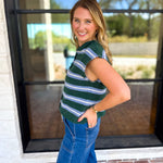 Green & Blue Varsity Short Sleeve Cardigan-230 Sweaters/Cardis-ENTRO-July & June Women's Fashion Boutique Located in San Antonio, Texas