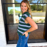 Green & Blue Varsity Short Sleeve Cardigan-230 Sweaters/Cardis-ENTRO-July & June Women's Fashion Boutique Located in San Antonio, Texas