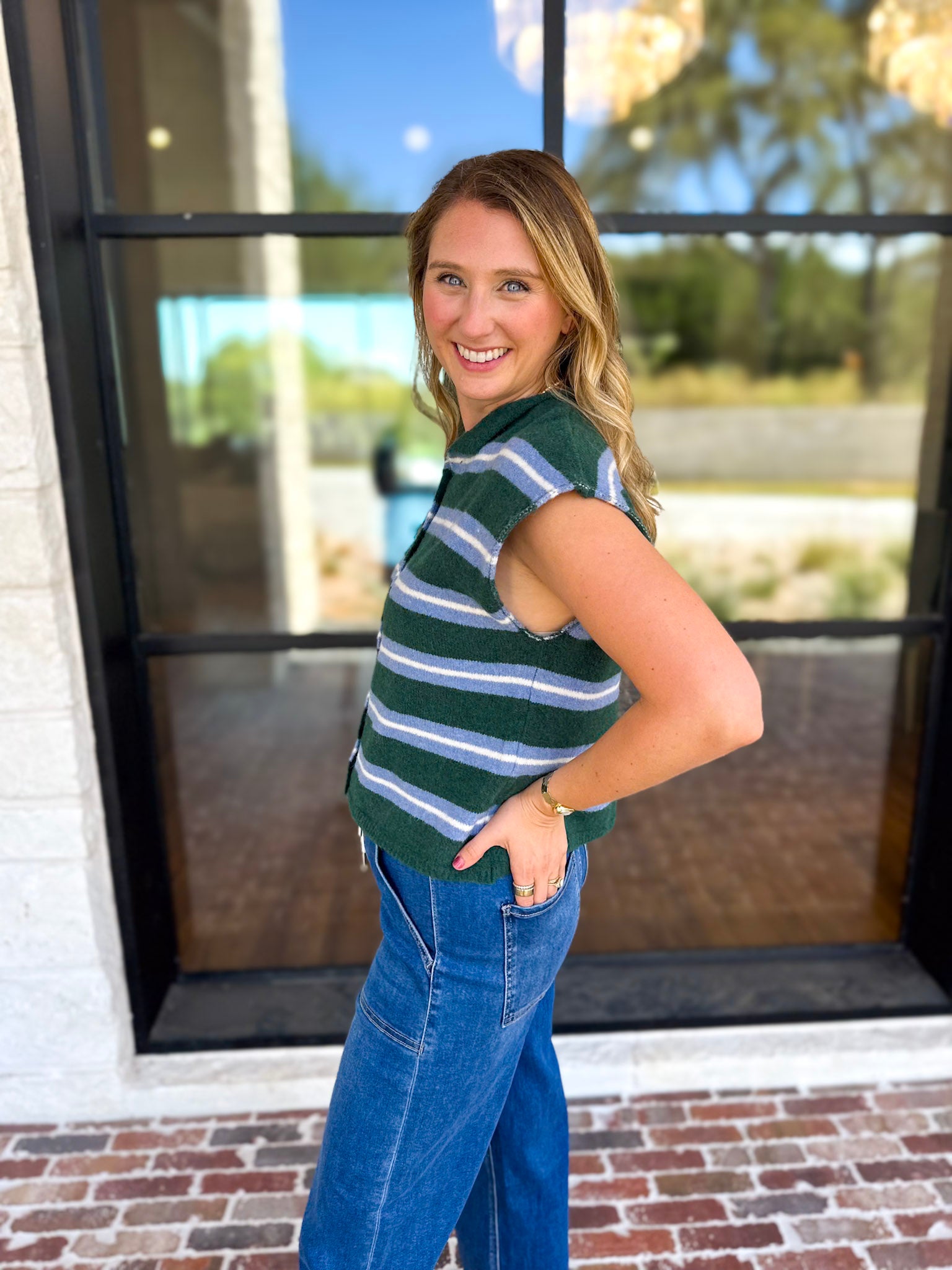 Green & Blue Varsity Short Sleeve Cardigan-230 Sweaters/Cardis-ENTRO-July & June Women's Fashion Boutique Located in San Antonio, Texas