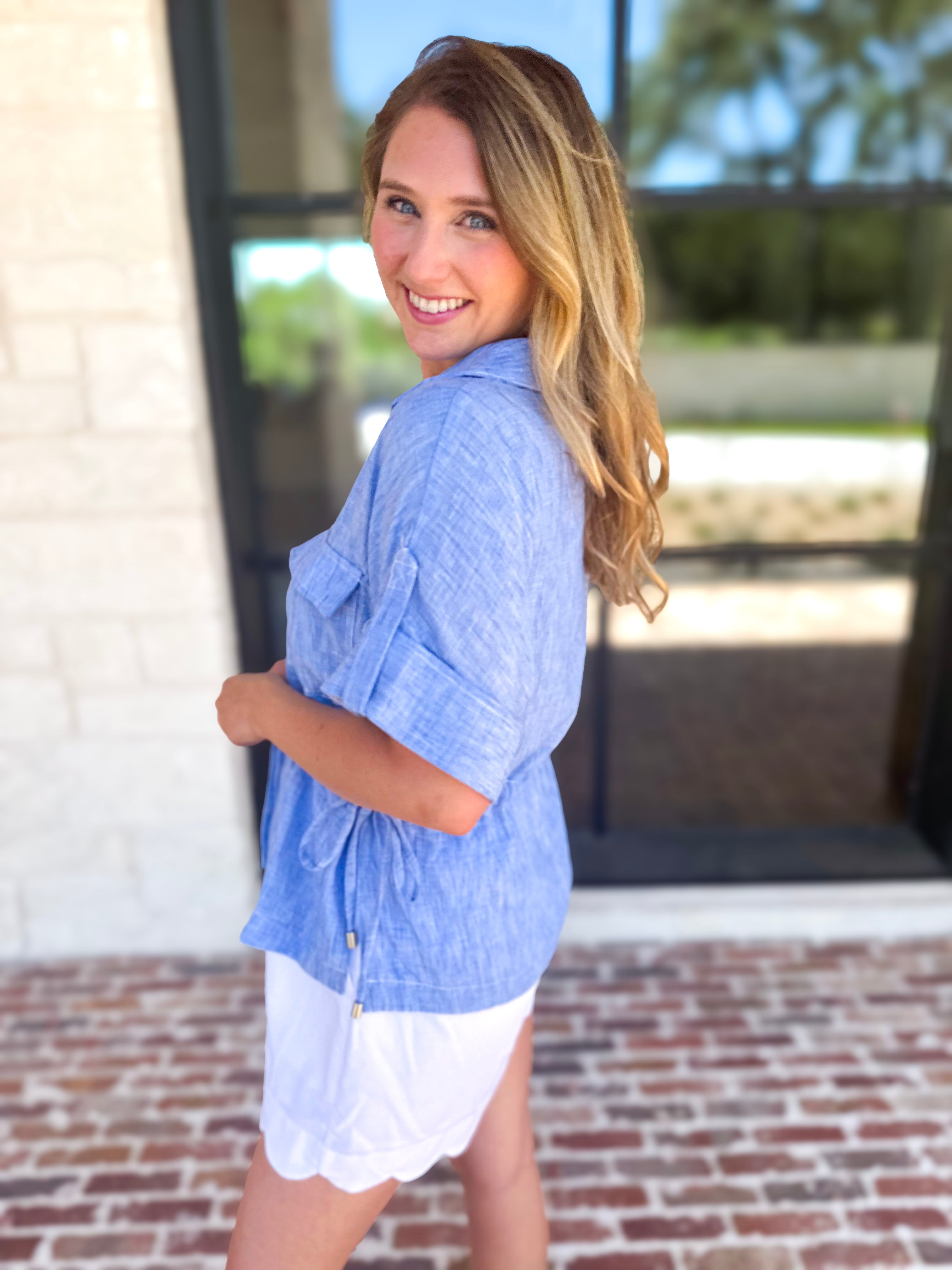 Light Blue Utility Blouse-200 Fashion Blouses-SKIES ARE BLUE-July & June Women's Fashion Boutique Located in San Antonio, Texas