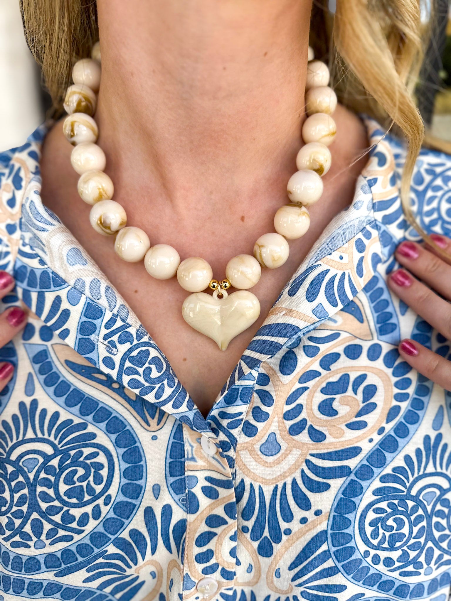 Kaiden Heart Beaded Necklace - Cream-130 Accessories-Gemelli-July & June Women's Fashion Boutique Located in San Antonio, Texas