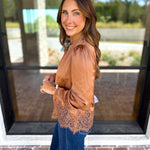 Current Air - Feminine Lace Details Blouse - Mocha-200 Fashion Blouses-CURRENT AIR CLOTHING-July & June Women's Fashion Boutique Located in San Antonio, Texas