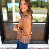 Current Air - Feminine Lace Details Blouse - Mocha-200 Fashion Blouses-CURRENT AIR CLOTHING-July & June Women's Fashion Boutique Located in San Antonio, Texas