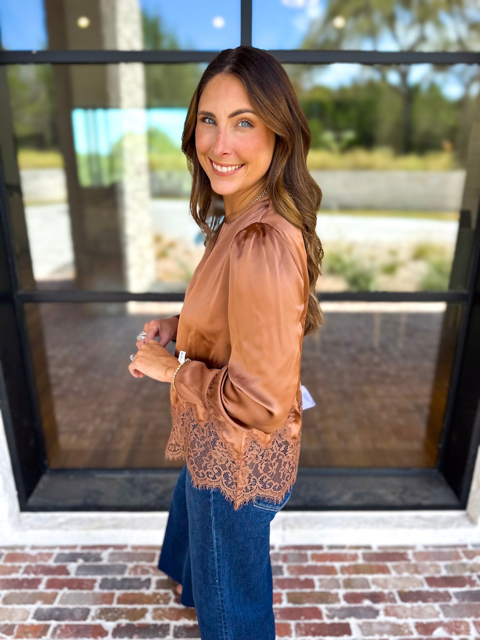 Current Air - Feminine Lace Details Blouse - Mocha-200 Fashion Blouses-CURRENT AIR CLOTHING-July & June Women's Fashion Boutique Located in San Antonio, Texas