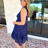 Navy Eyelet Mini Dress-510 Mini-SKIES ARE BLUE-July & June Women's Fashion Boutique Located in San Antonio, Texas