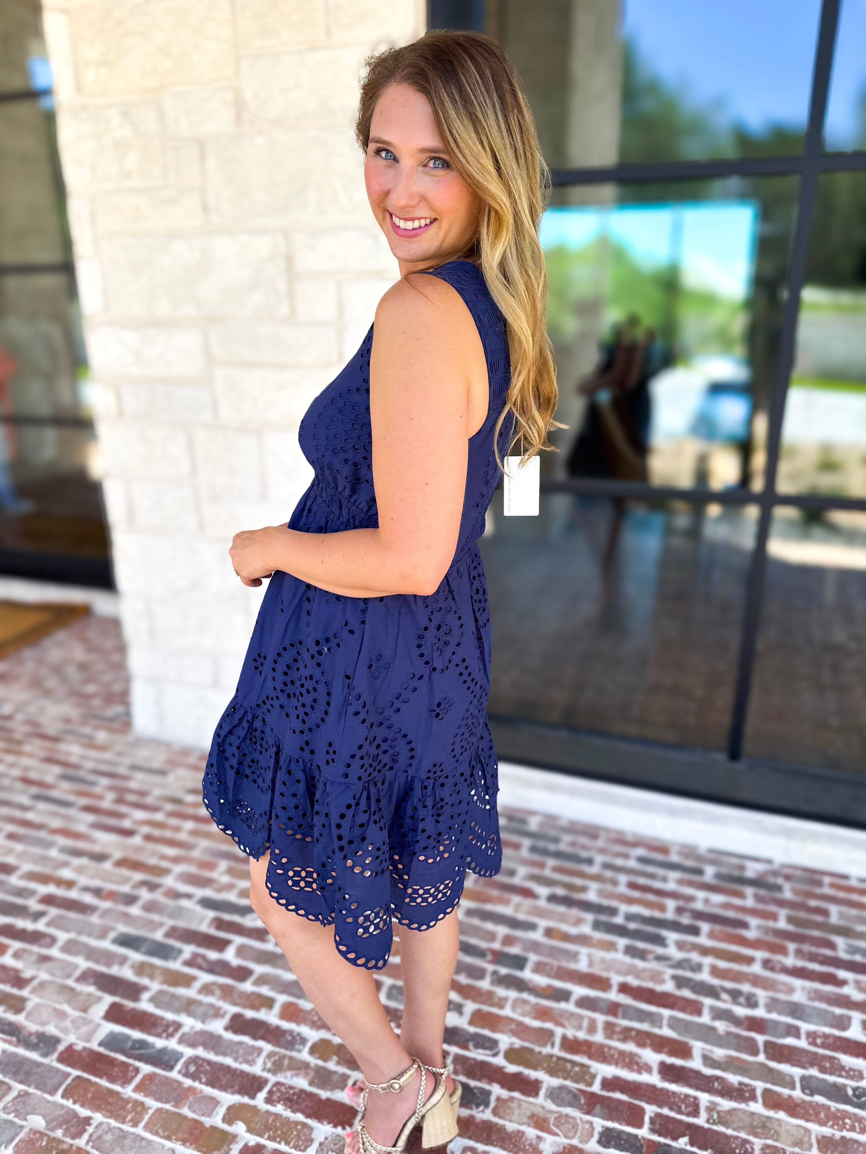 Navy Eyelet Mini Dress-510 Mini-SKIES ARE BLUE-July & June Women's Fashion Boutique Located in San Antonio, Texas