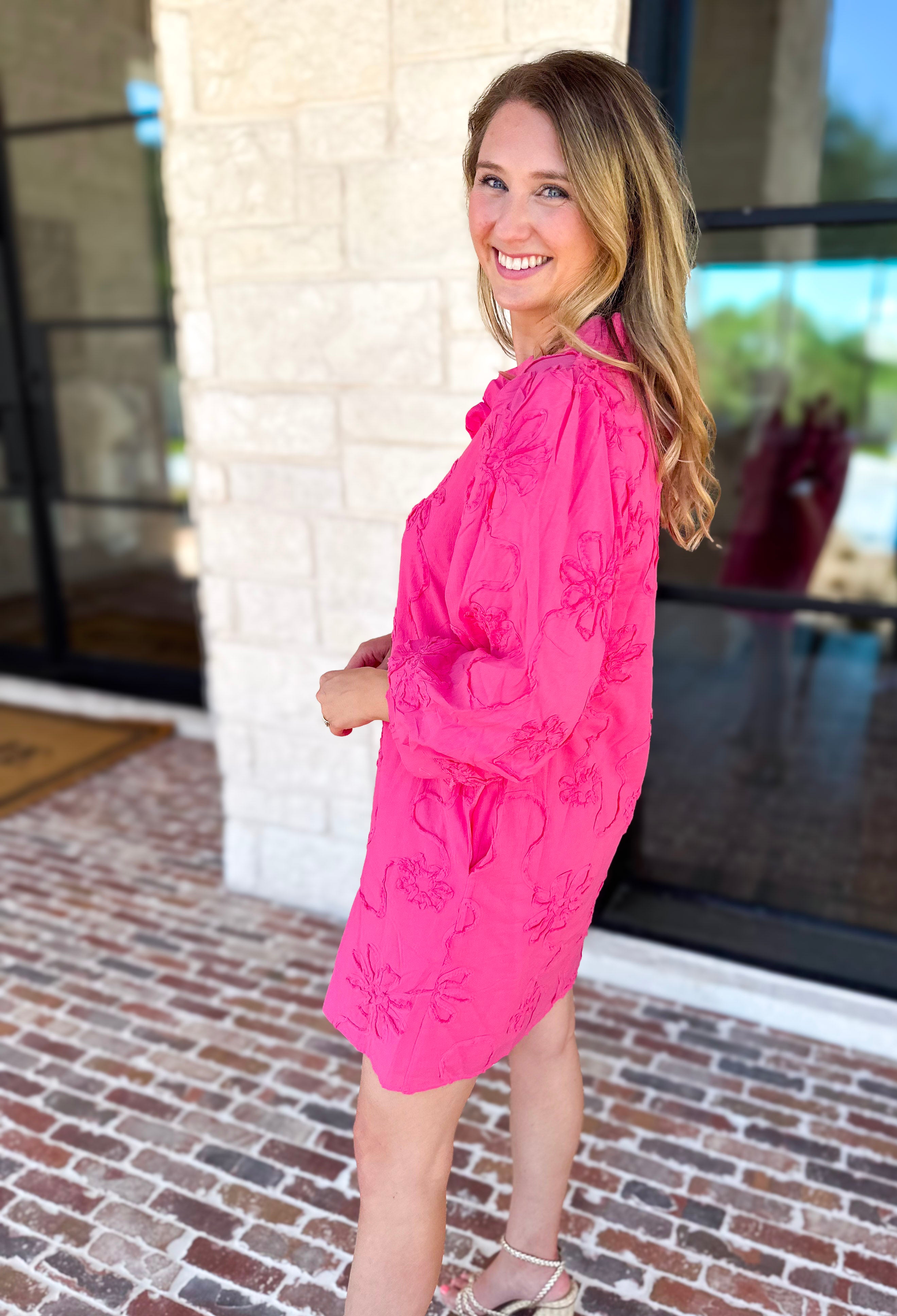 Hot Pink Floral Details Mini Dress-510 Mini-JODIFL-July & June Women's Fashion Boutique Located in San Antonio, Texas