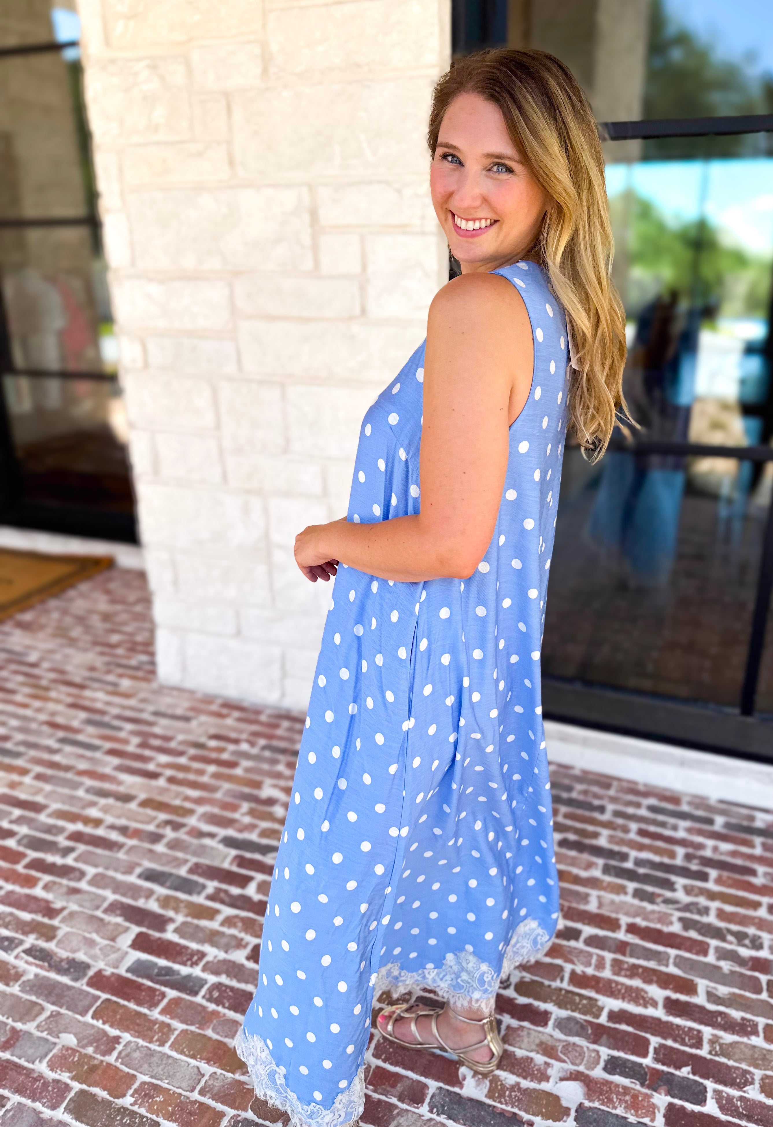 Effortless Polka Dot Midi Dress - Blue-500 Midi-ENTRO-July & June Women's Fashion Boutique Located in San Antonio, Texas