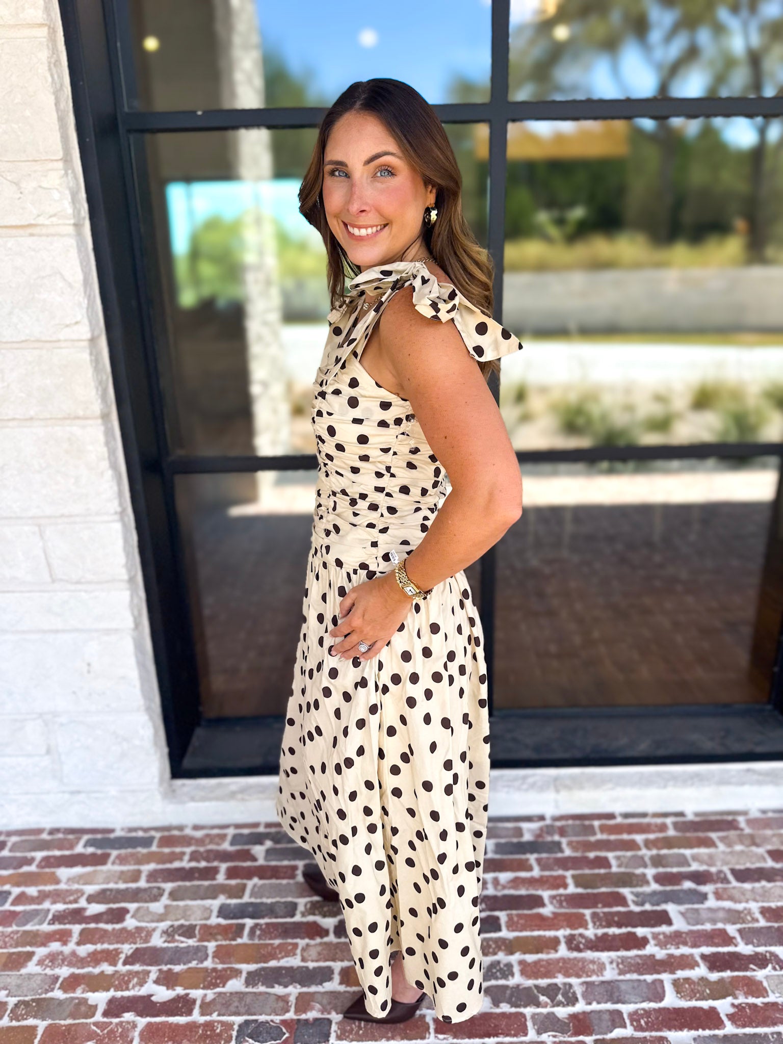 Ruched Polka Dot Midi Dress-500 Midi-ENTRO-July & June Women's Fashion Boutique Located in San Antonio, Texas