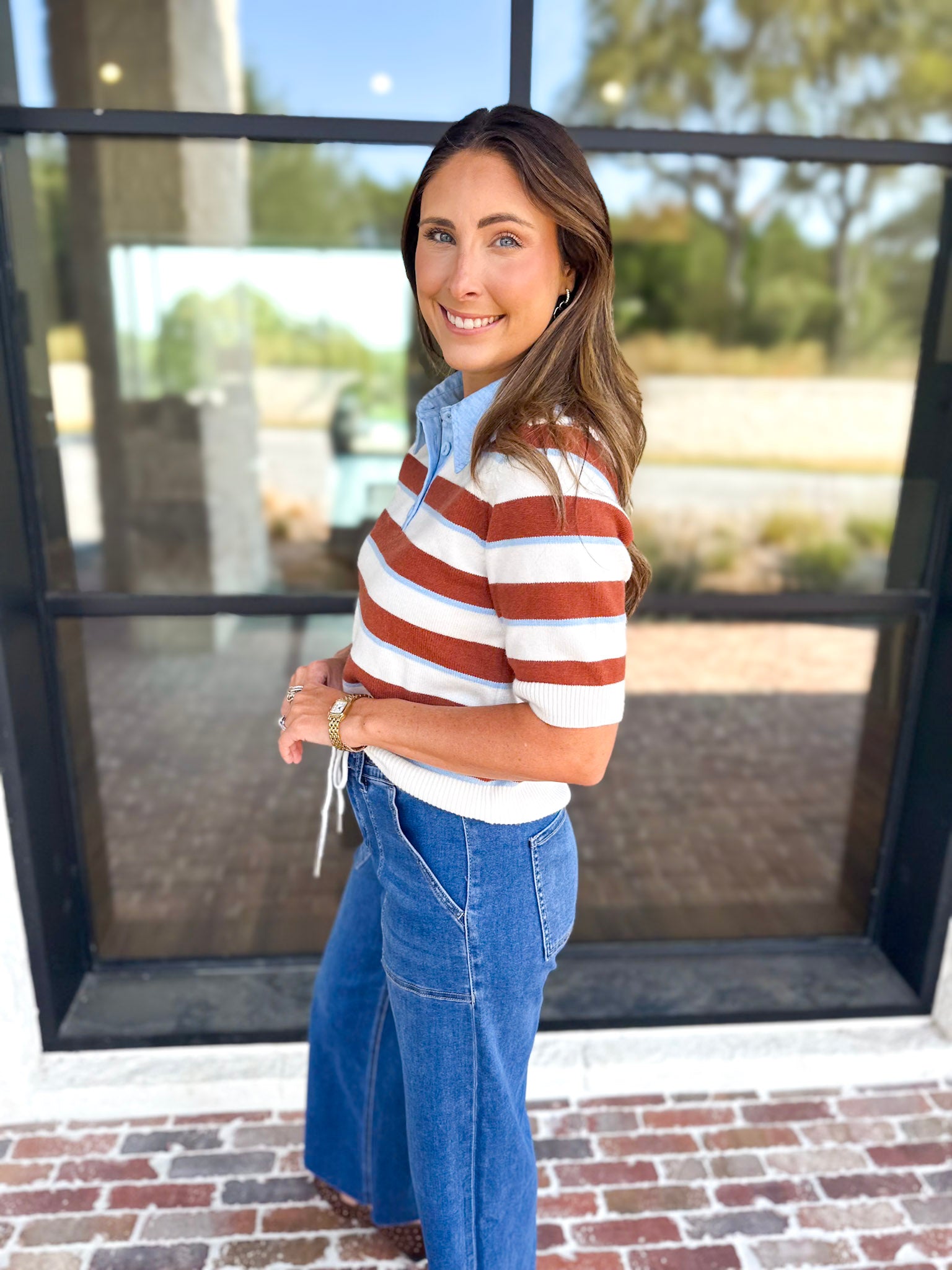 THML- Espresso & Sky Striped Knit Top-230 Sweaters/Cardis-THML-July & June Women's Fashion Boutique Located in San Antonio, Texas