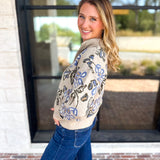 Current Air - Barley & Blue Floral Half Zip Sweater-230 Sweaters/Cardis-CURRENT AIR CLOTHING-July & June Women's Fashion Boutique Located in San Antonio, Texas