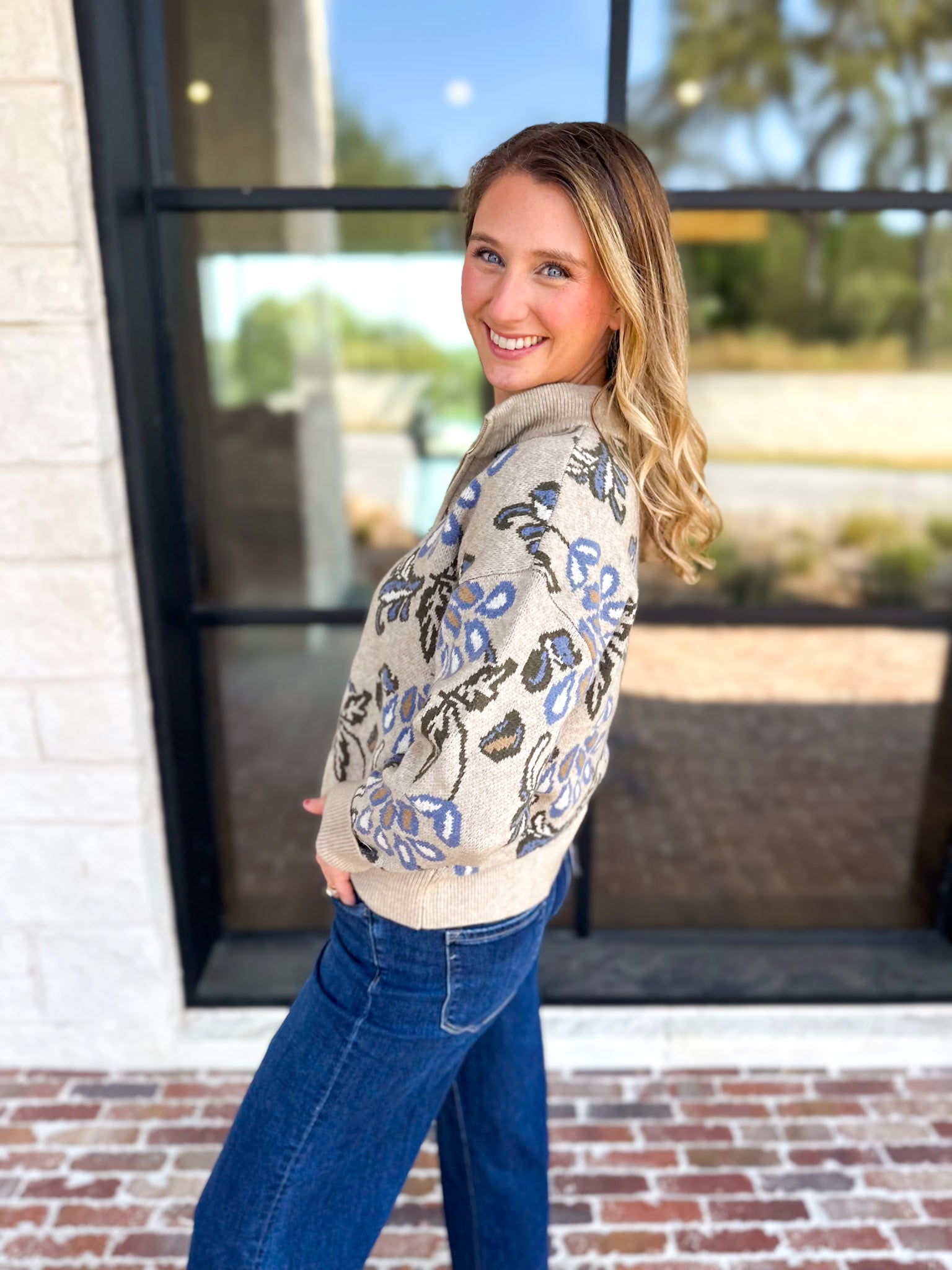 Current Air - Barley & Blue Floral Half Zip Sweater-230 Sweaters/Cardis-CURRENT AIR CLOTHING-July & June Women's Fashion Boutique Located in San Antonio, Texas