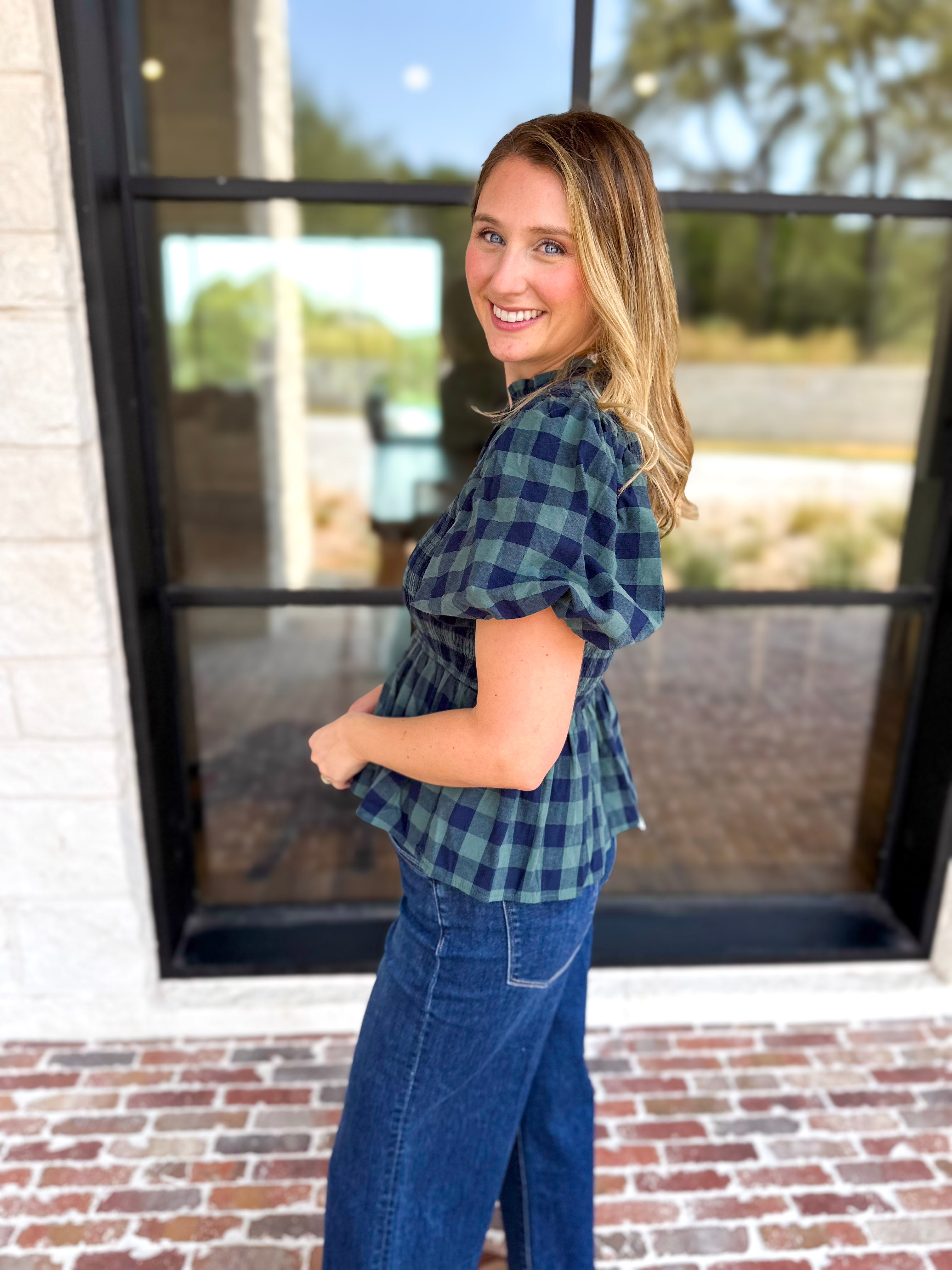 Pine Plaid Blouse-200 Fashion Blouses-ENTRO-July & June Women's Fashion Boutique Located in San Antonio, Texas