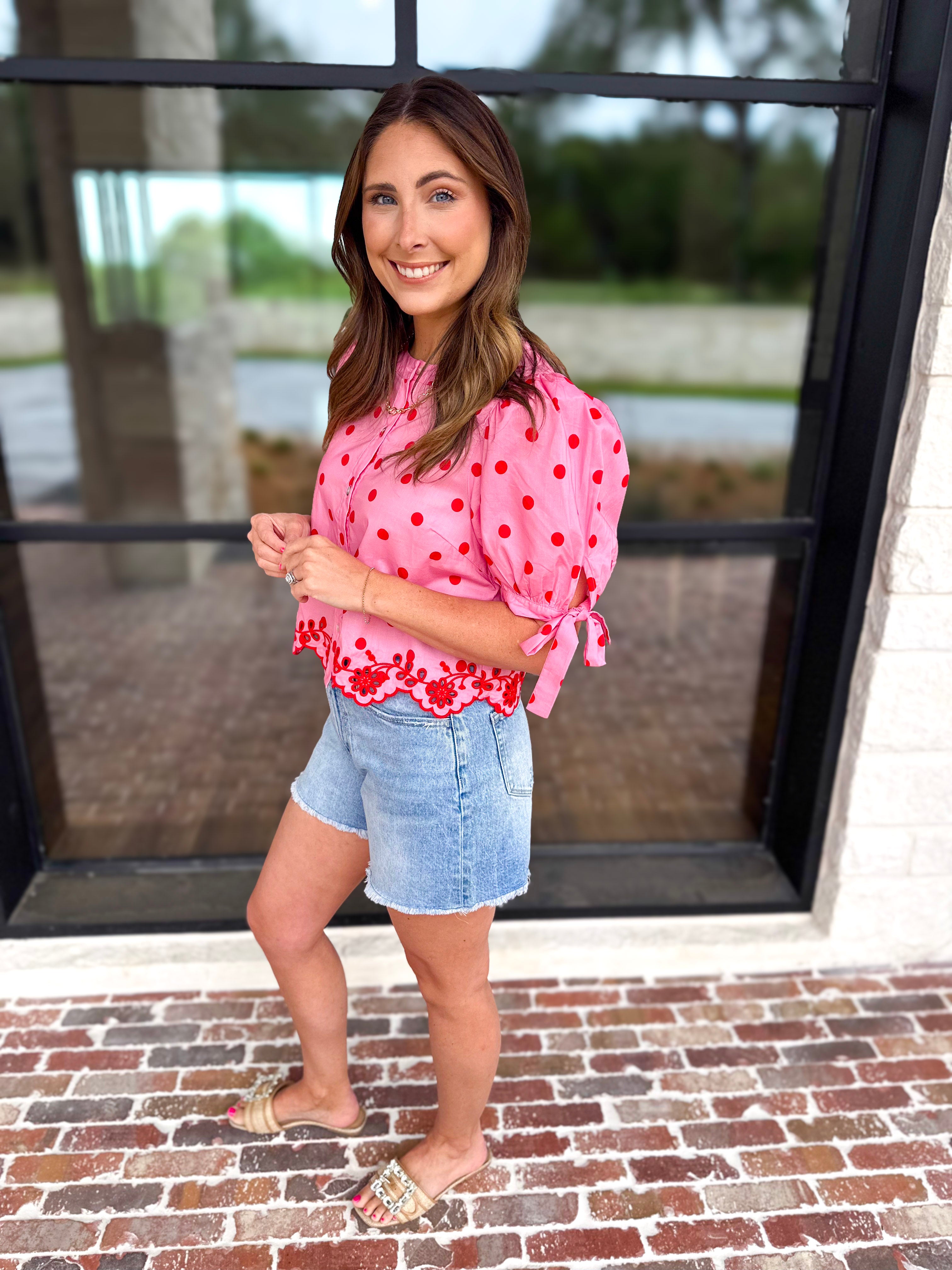 Polka Dot Chic Blouse - Red & Pink-200 Fashion Blouses-ENTRO-July & June Women's Fashion Boutique Located in San Antonio, Texas
