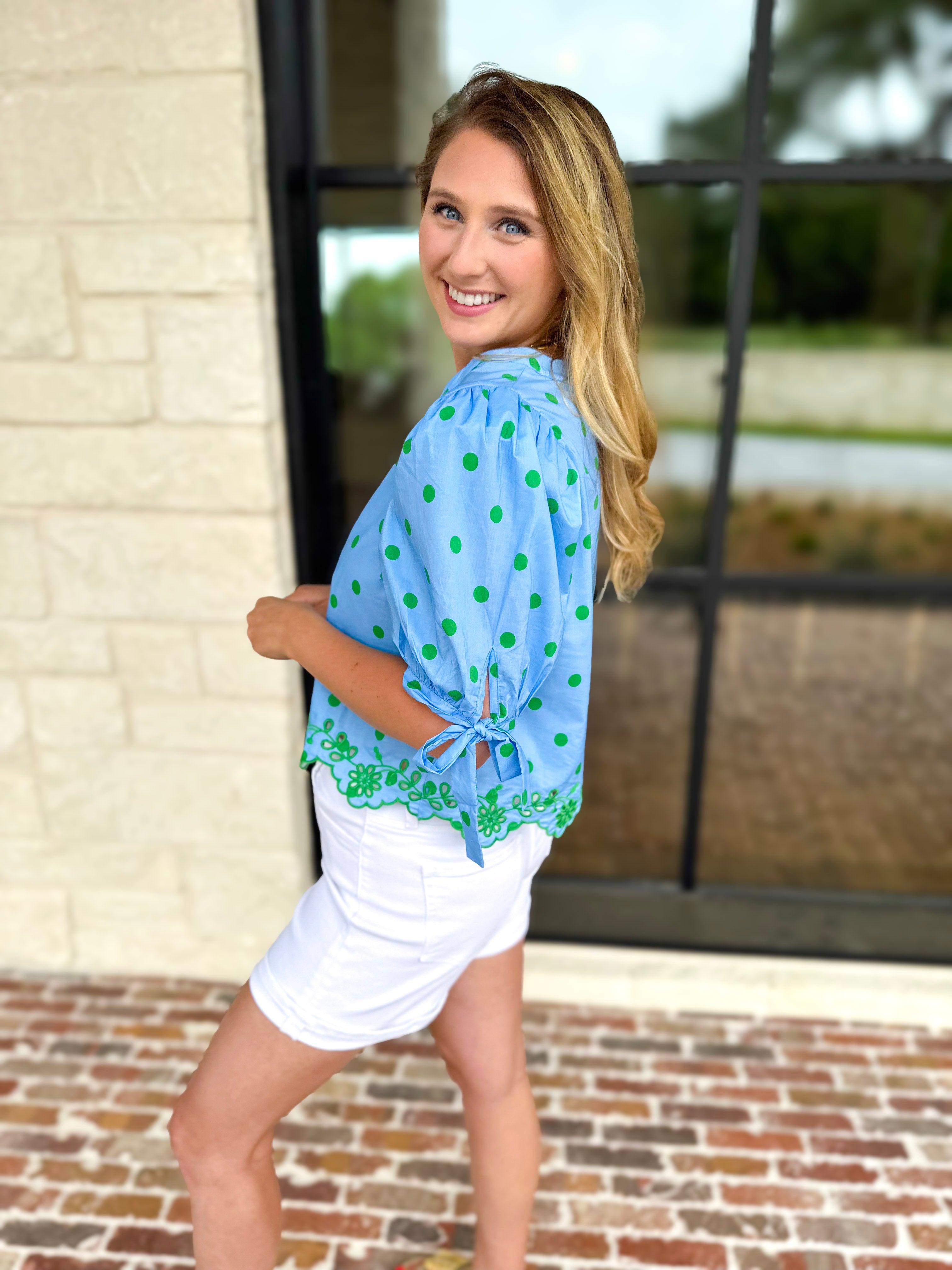 Polka Dot Chic Blouse - Green & Blue-200 Fashion Blouses-ENTRO-July & June Women's Fashion Boutique Located in San Antonio, Texas