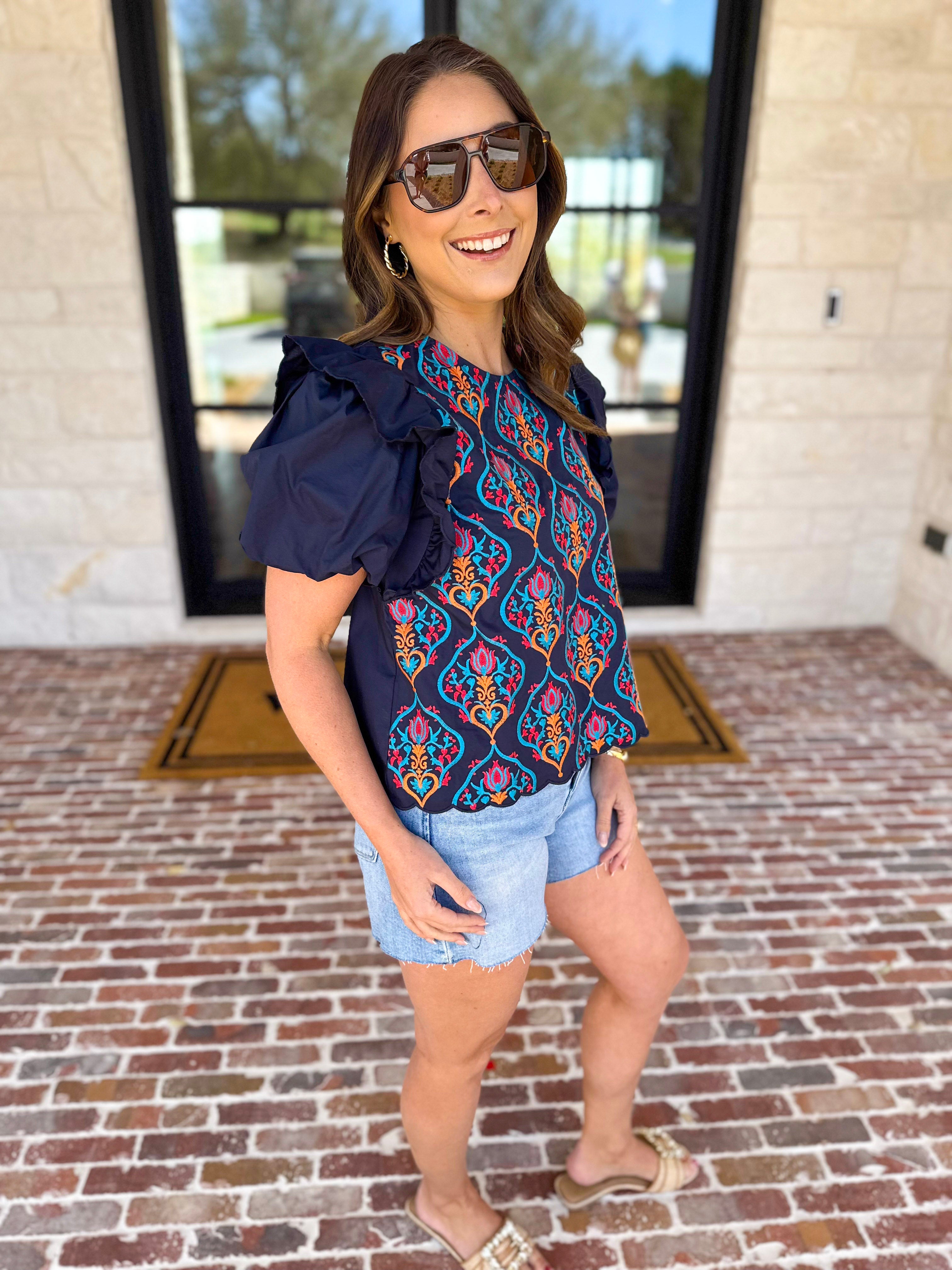 Spring Celebration Blouse - Navy-200 Fashion Blouses-JODIFL-July & June Women's Fashion Boutique Located in San Antonio, Texas