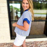 Bayside Striped Blouse - Pale Blue & Cobalt-200 Fashion Blouses-ENTRO-July & June Women's Fashion Boutique Located in San Antonio, Texas