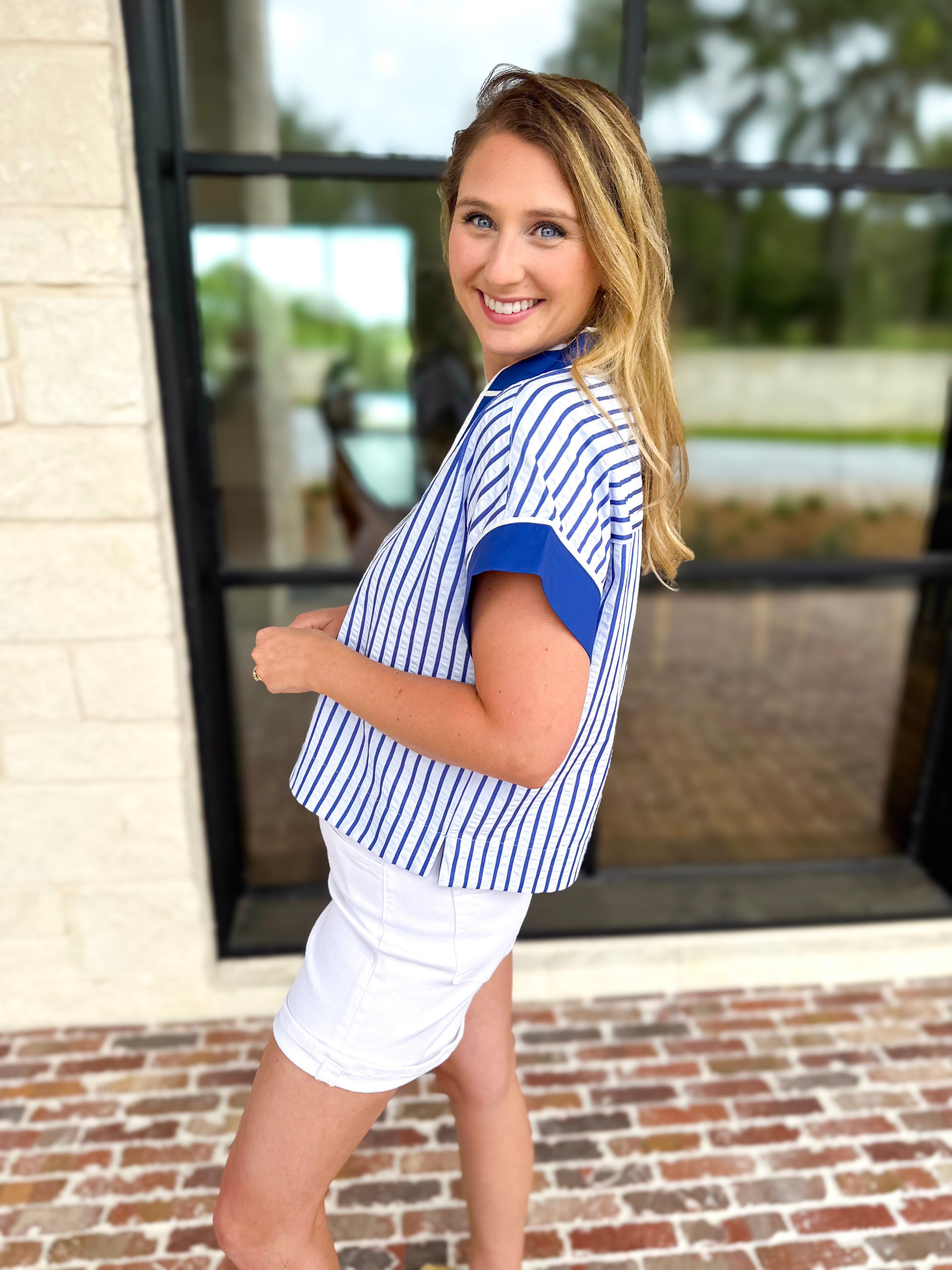 Bayside Striped Blouse - Pale Blue & Cobalt-200 Fashion Blouses-ENTRO-July & June Women's Fashion Boutique Located in San Antonio, Texas