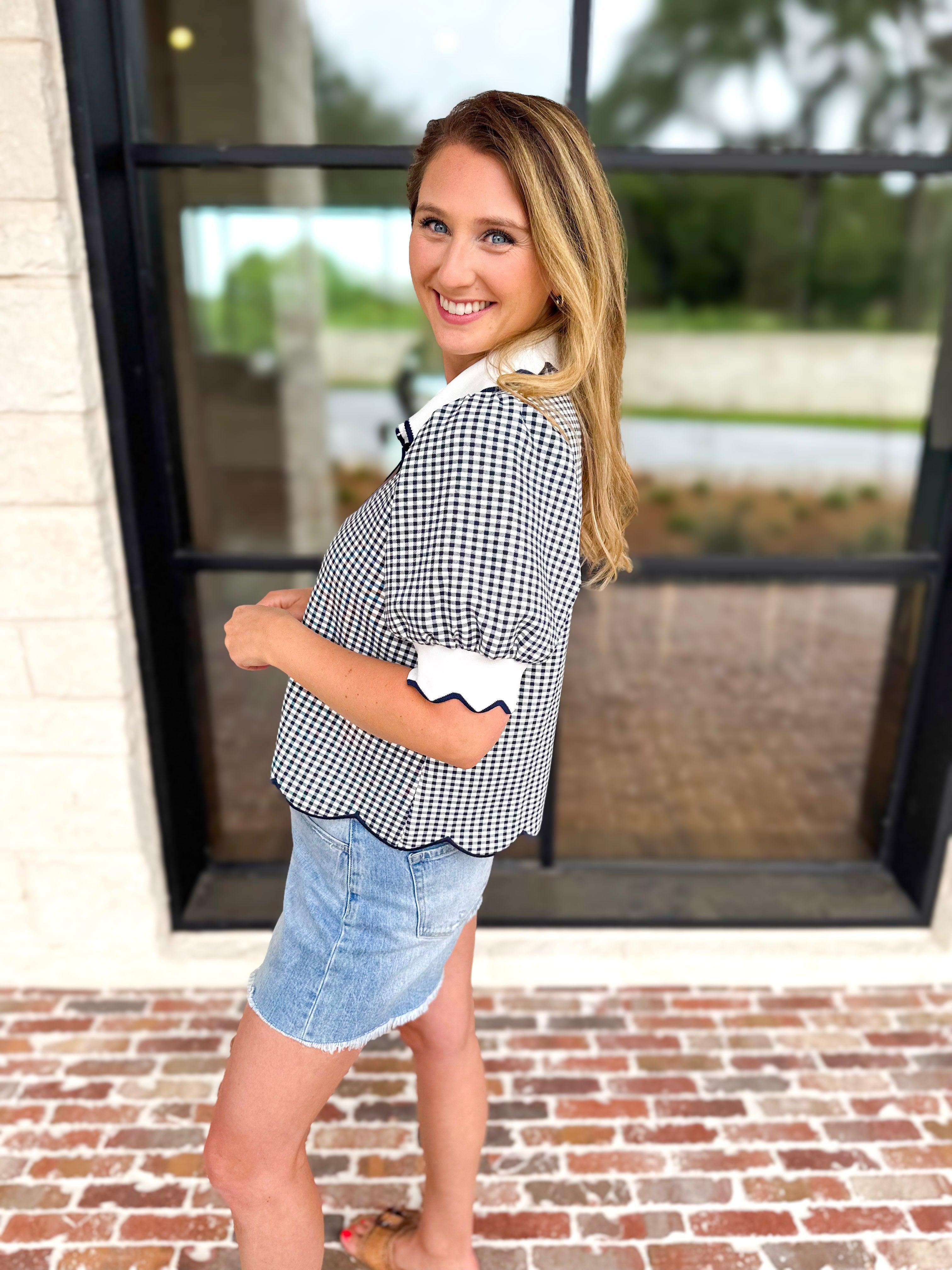 Summer Escape Gingham Blouse - Navy Blue-200 Fashion Blouses-ENTRO-July & June Women's Fashion Boutique Located in San Antonio, Texas