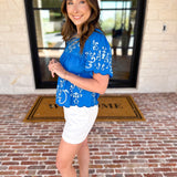 THML - The Riverwalk Embroidered Blouse - Blue-200 Fashion Blouses-THML-July & June Women's Fashion Boutique Located in San Antonio, Texas