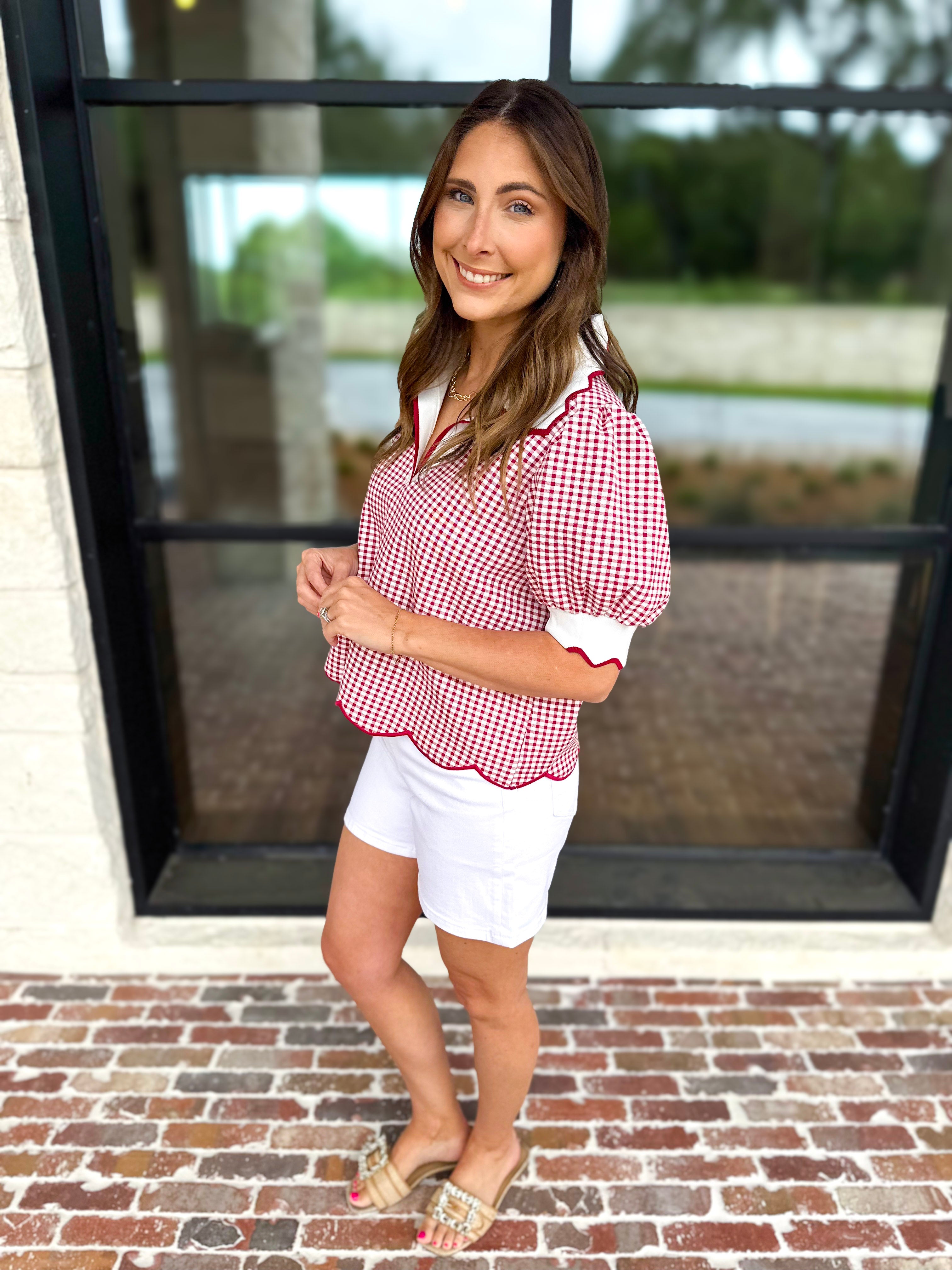 Summer Escape Gingham Blouse - Red-200 Fashion Blouses-ENTRO-July & June Women's Fashion Boutique Located in San Antonio, Texas