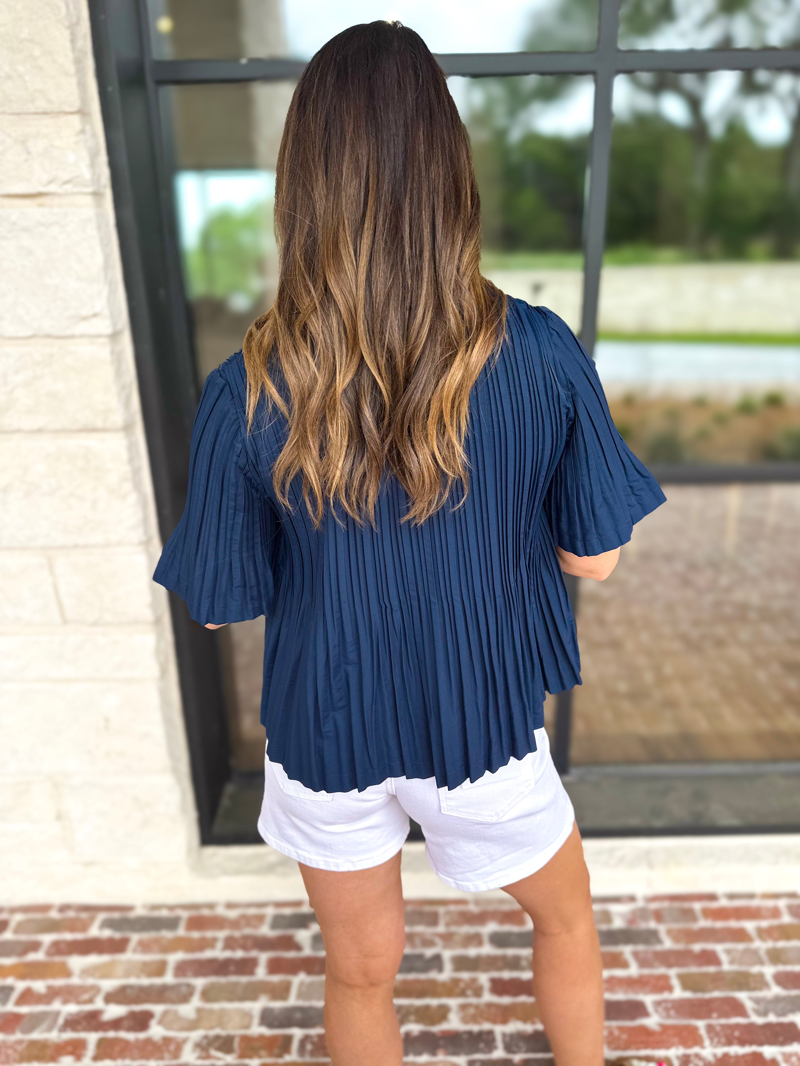 Current Air - Pleated Button Down Blouse - Navy-200 Fashion Blouses-CURRENT AIR CLOTHING-July & June Women's Fashion Boutique Located in San Antonio, Texas