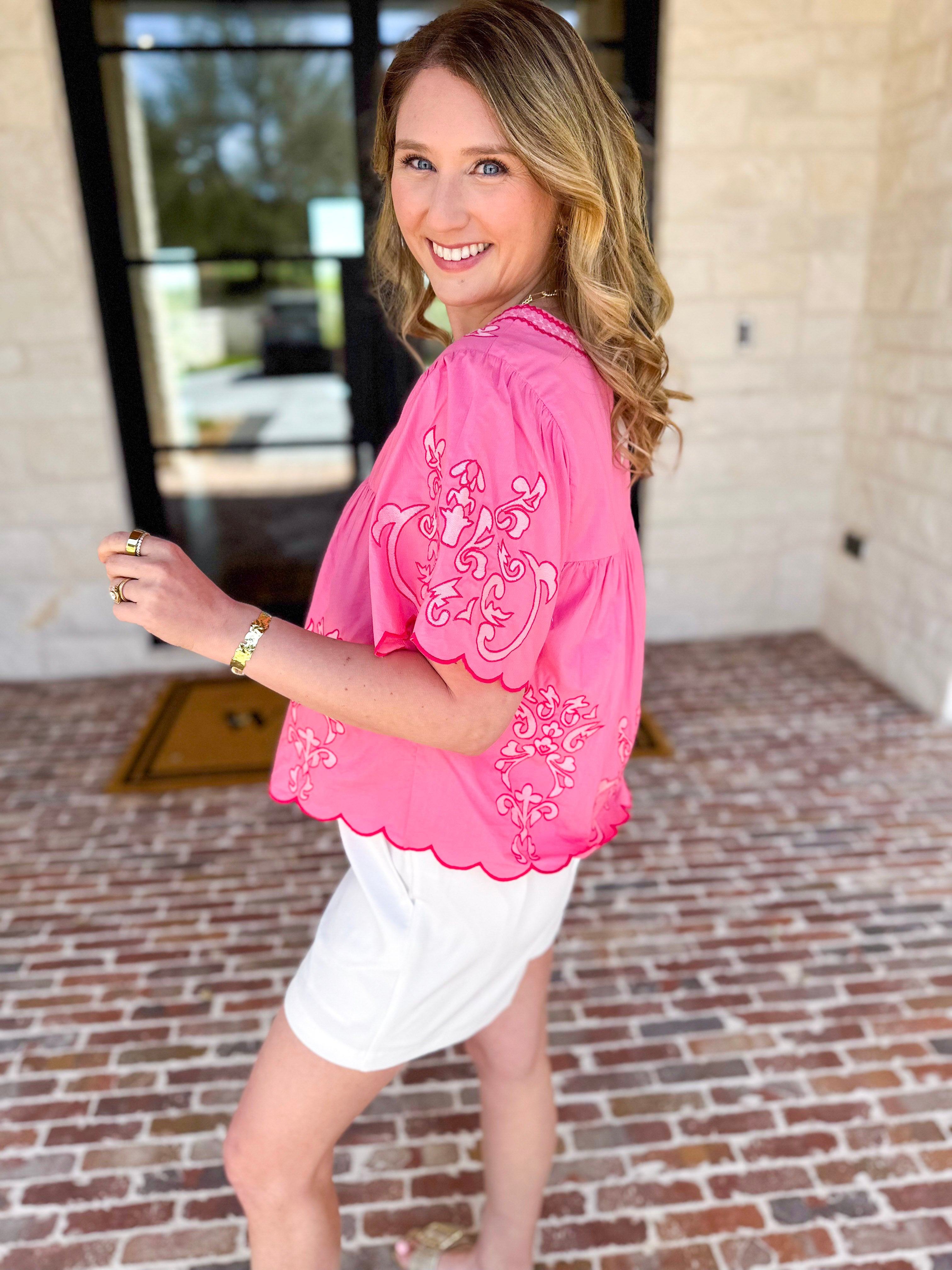 THML - The Riverwalk Embroidered Blouse - Pink-200 Fashion Blouses-THML-July & June Women's Fashion Boutique Located in San Antonio, Texas