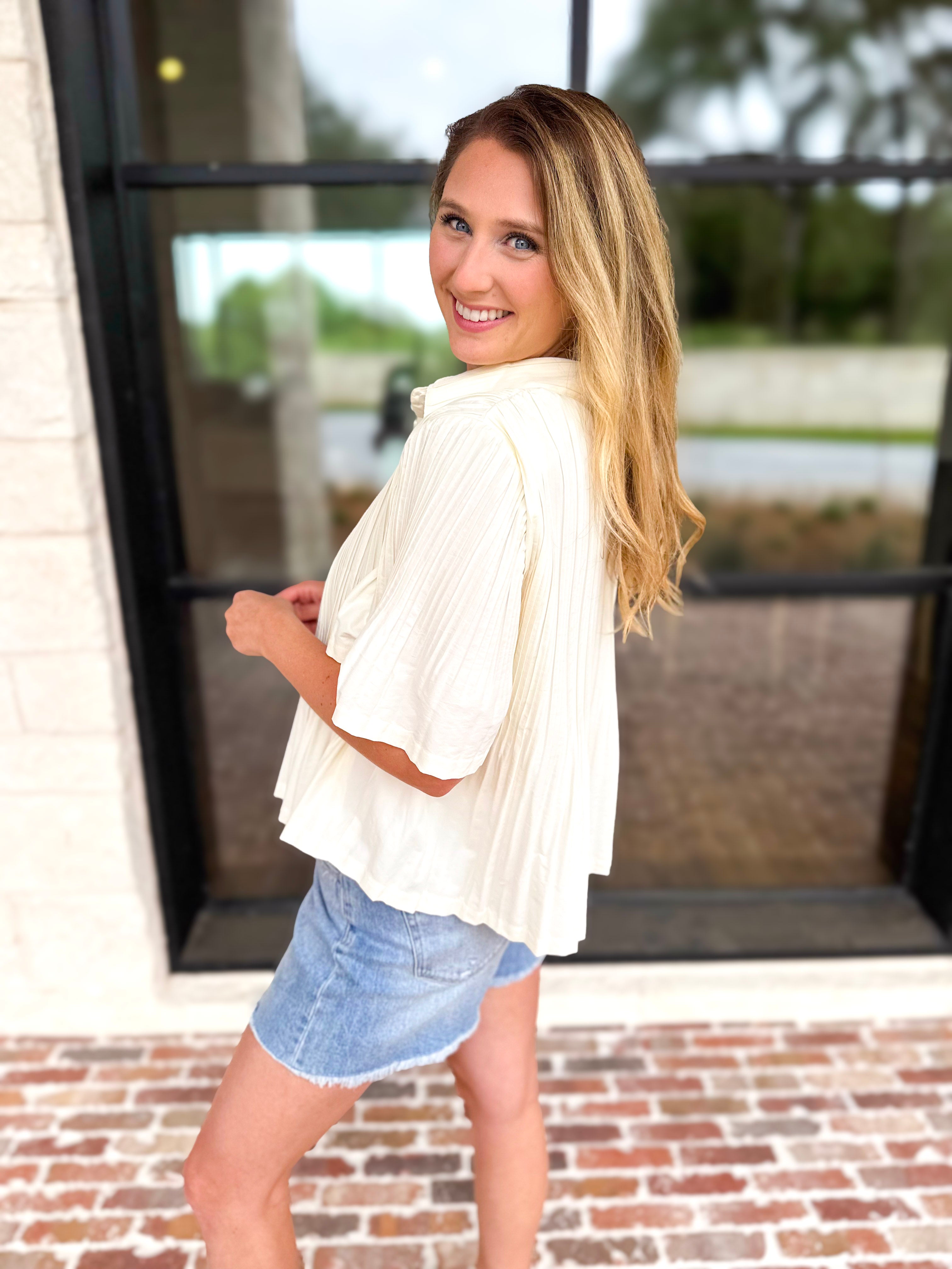 Current Air - Pleated Button Down Blouse - Cream-200 Fashion Blouses-CURRENT AIR CLOTHING-July & June Women's Fashion Boutique Located in San Antonio, Texas