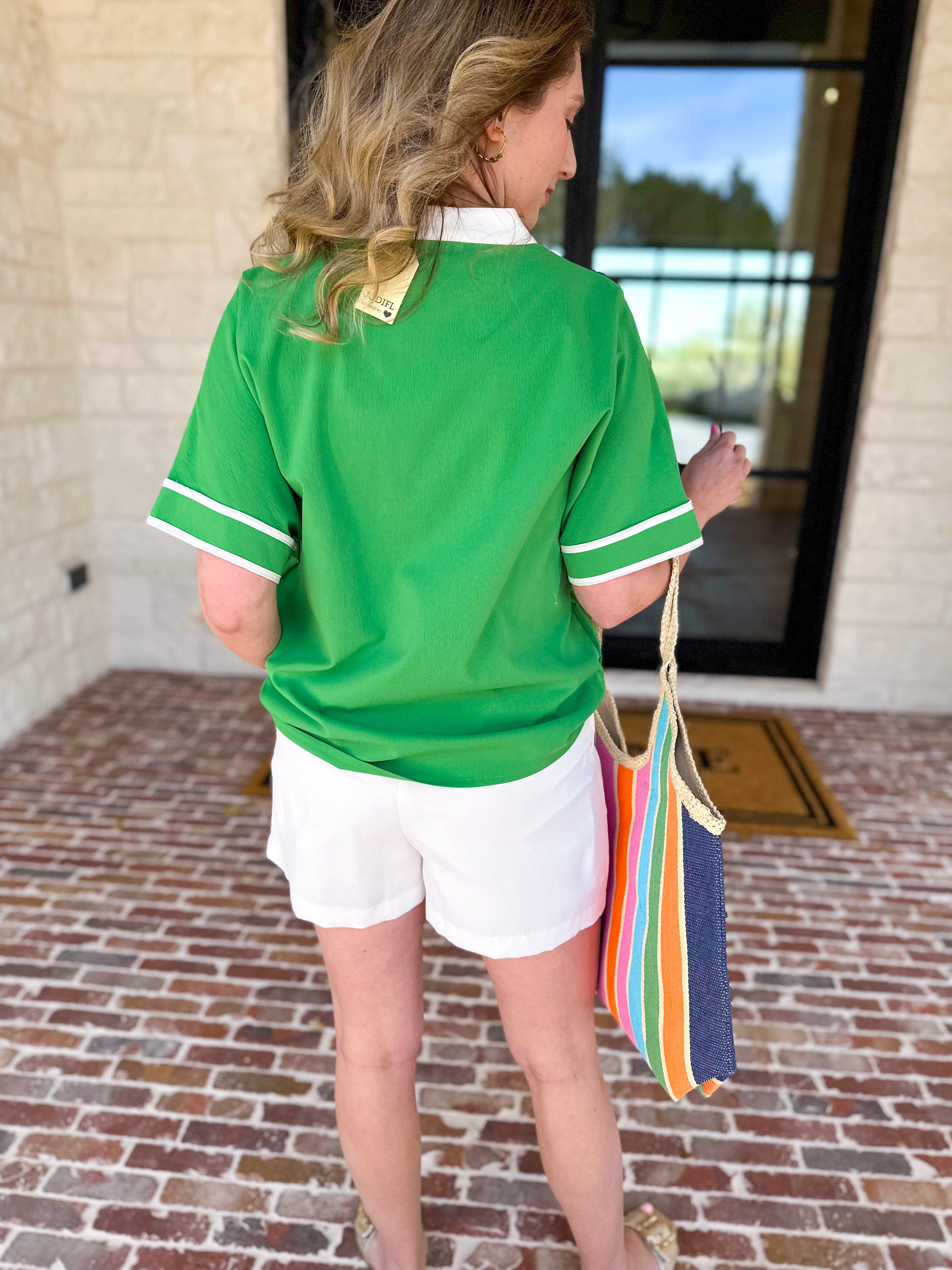 City Strolls Embroidered Blouse - Kelly Green-200 Fashion Blouses-JODIFL-July & June Women's Fashion Boutique Located in San Antonio, Texas